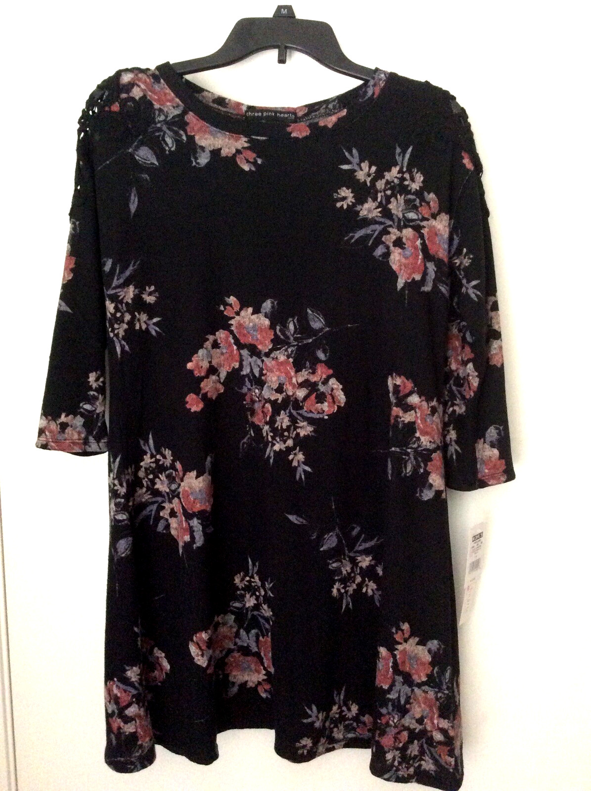 Three Pink Hearts Womens Tunic Top Size Medium NWT Black Floral Lace