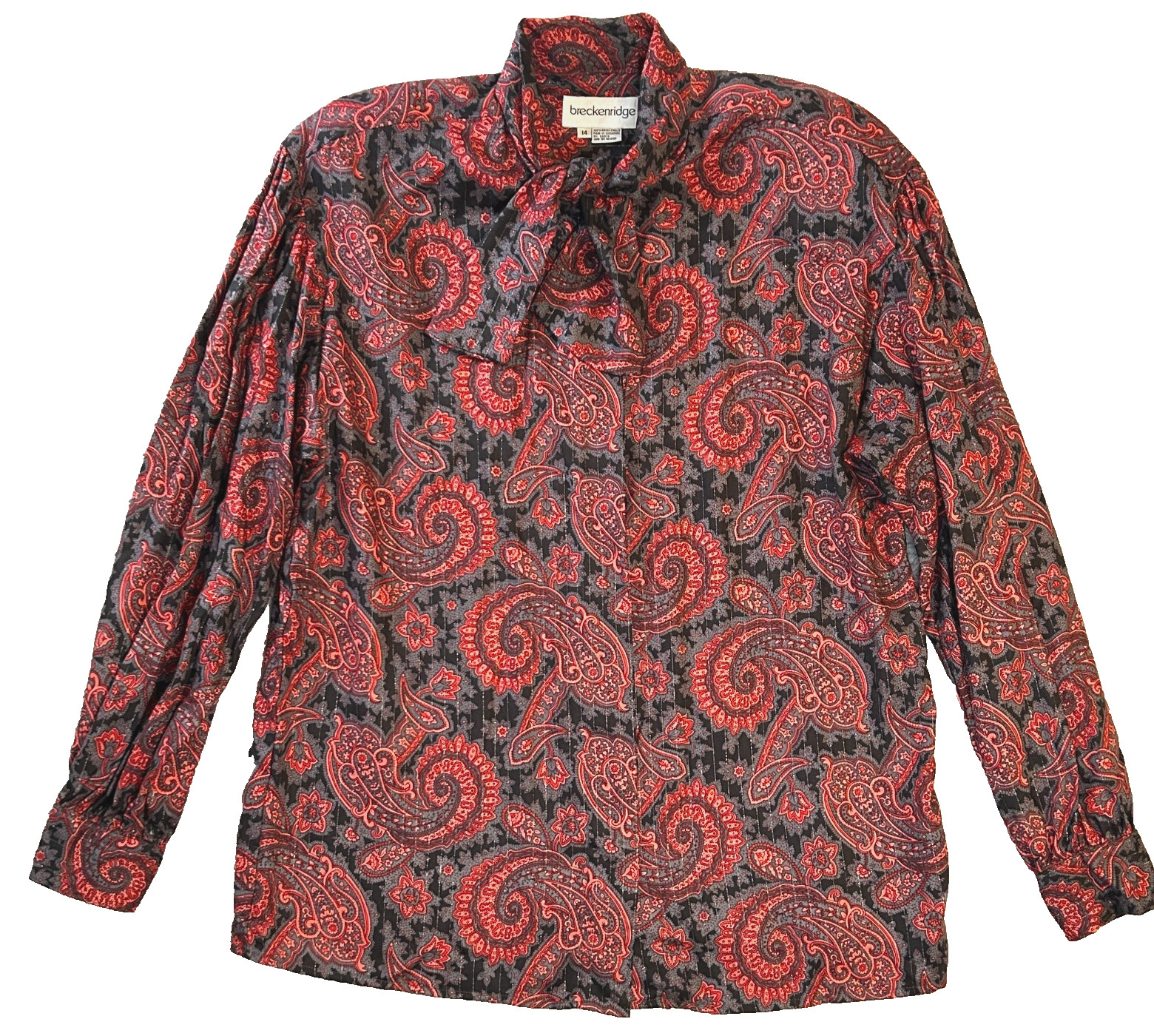 BRECKENRIDGE Blouse Women’s Sz 14 Paisley Challis Bow Tie Metallic Gunmetal Top