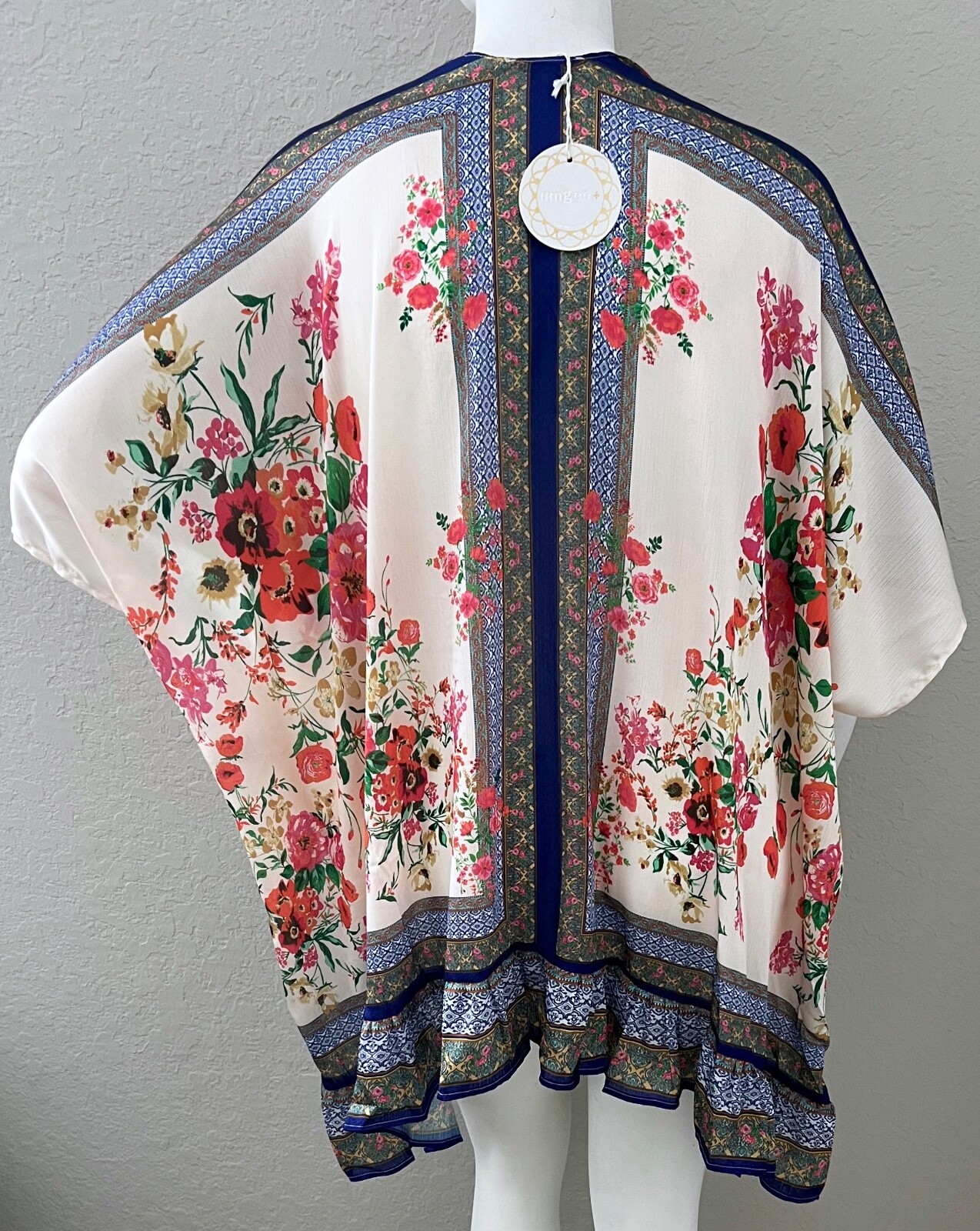 Umgee USA Floral Border Ruffle Trim Kimono Wrap Cream Plus XL/1XL 1XL/2XL – New!