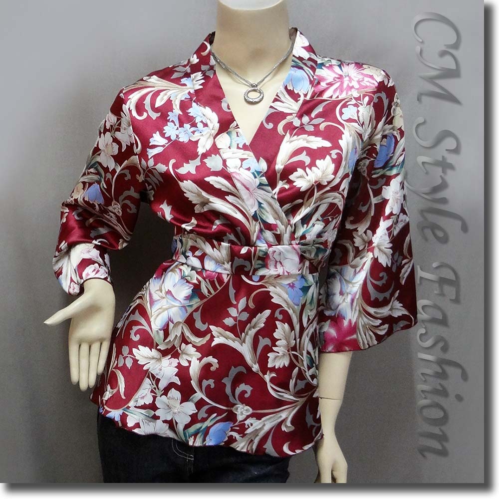 Japanese Kimono Floral Silky Satin Blouse Top Burgundy S/M/L/XL/2XL/3XL