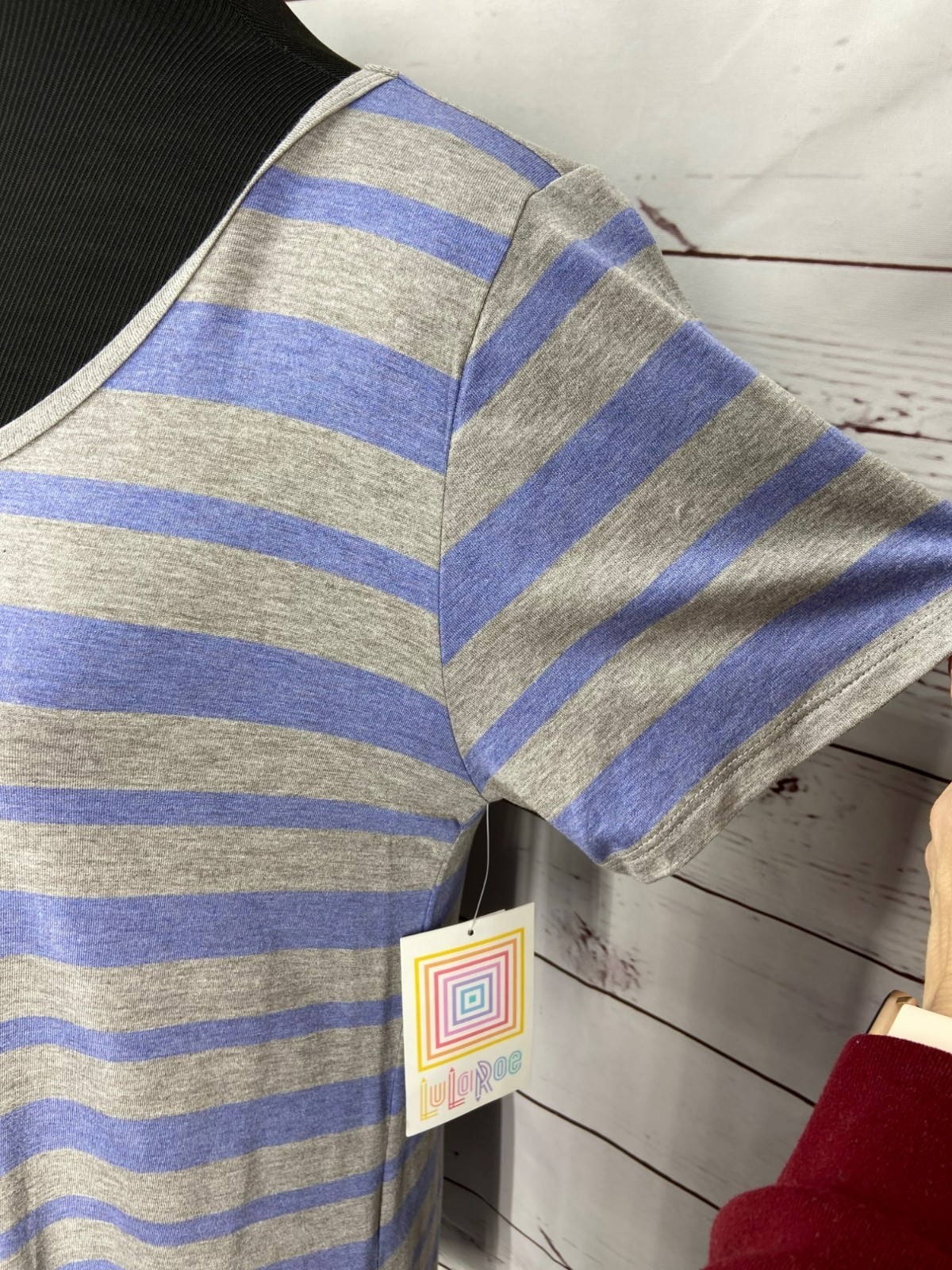 LuLaRoe Classic T-Shirt Medium Gray & Blue Stripes 95% Rayon 5% Spandex