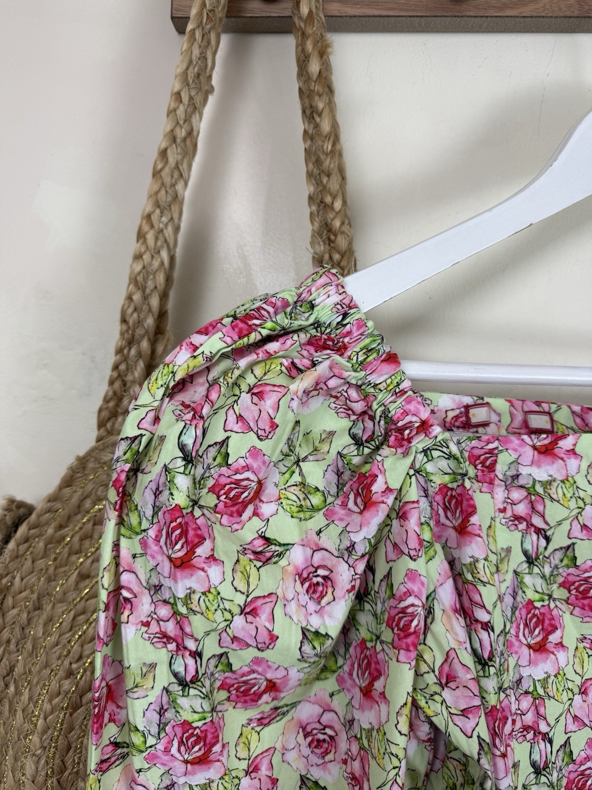 Joe Browns Floral Milk Maid Blouse UK10-12 Green Pink Roses Puff Sleeves Cotton