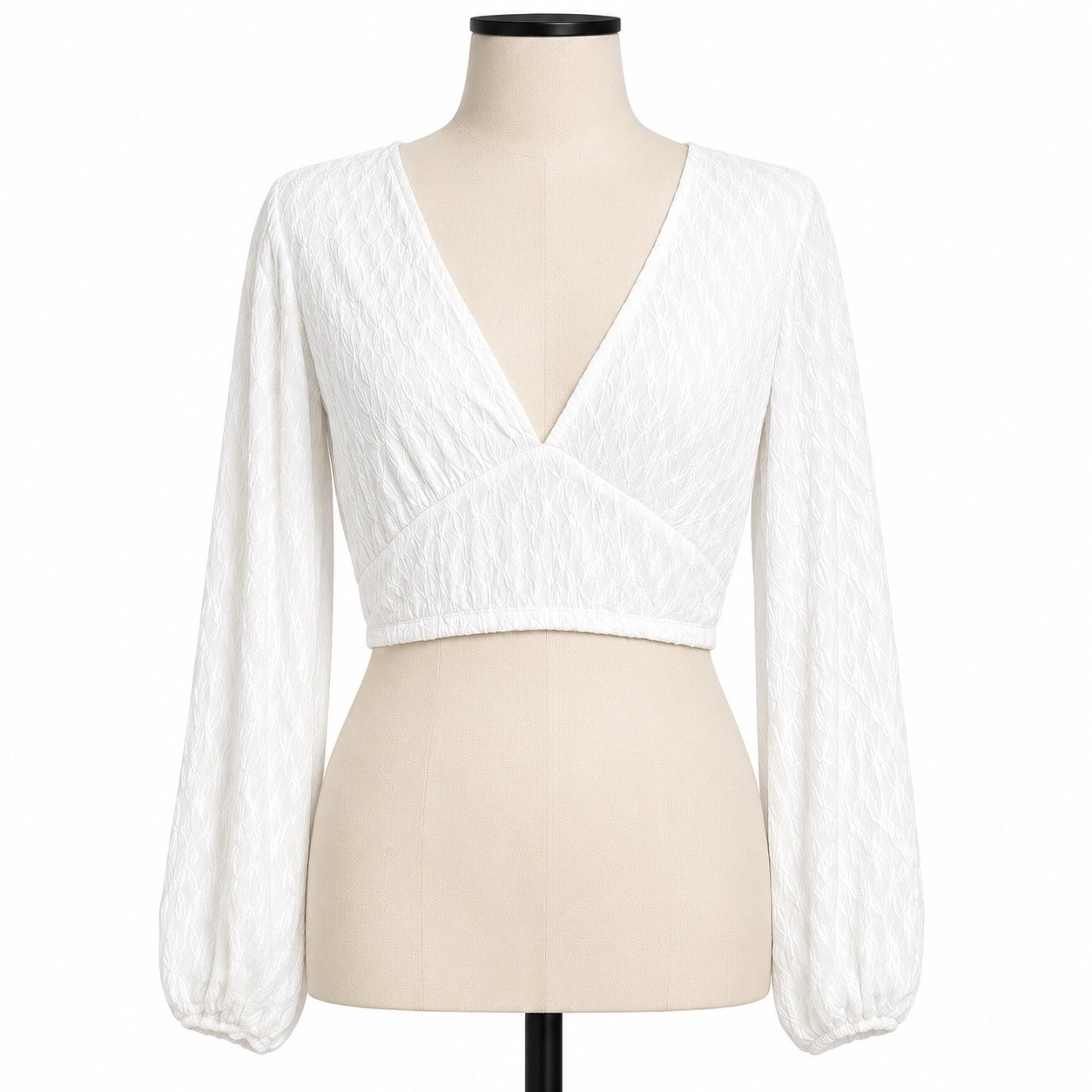 Zara Crop Top Shirt Large White Long Sleeve V Neck Textured Elastic Waist Cotton