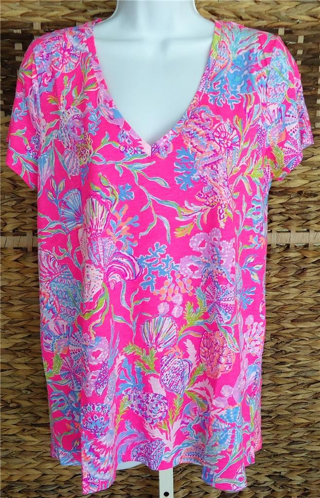 LILLY PULITZER PINK SHELL ME SOMETHING GOOD V-NECK ETTA T-SHIRT TOP S NWT $48
