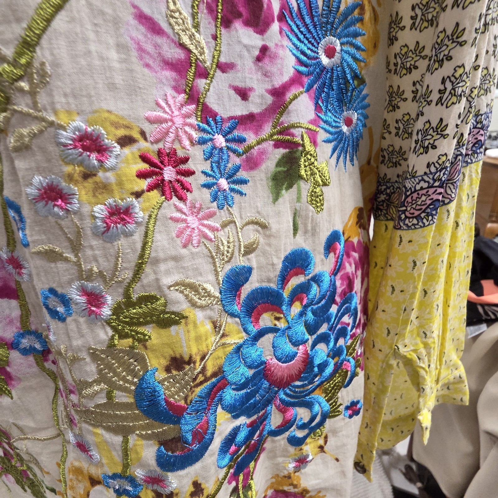 Arrata Silent Journey Yellow Floral Button Up Womens Embroidery Birds NWOT XL
