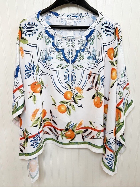 Chico’s White & Orange Citrus Print Kimono Sleeve Poncho Blouse Women’s OS