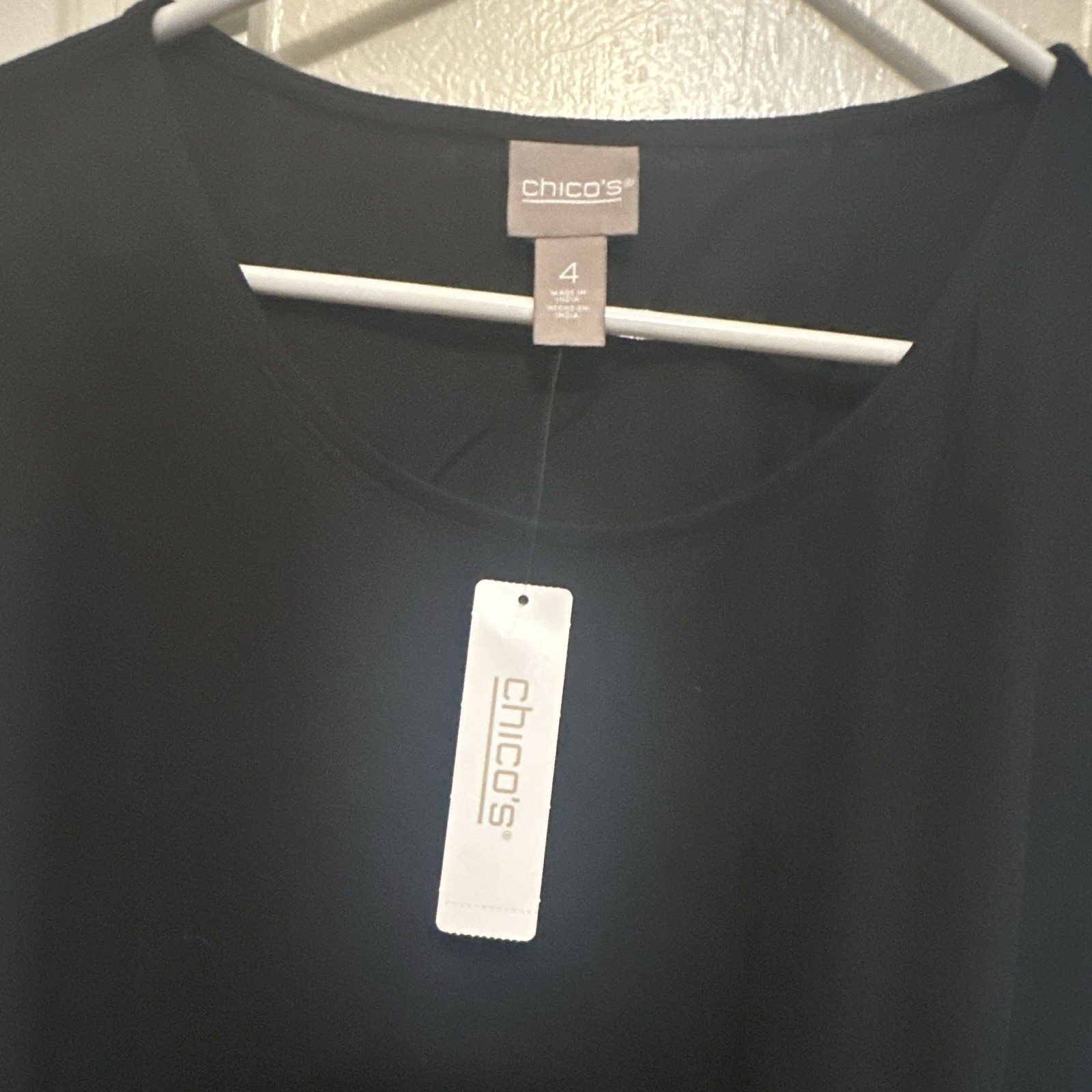 Chico’s Womens Size 4 Round Neck Short Sleeve Solid Black Top White Lace