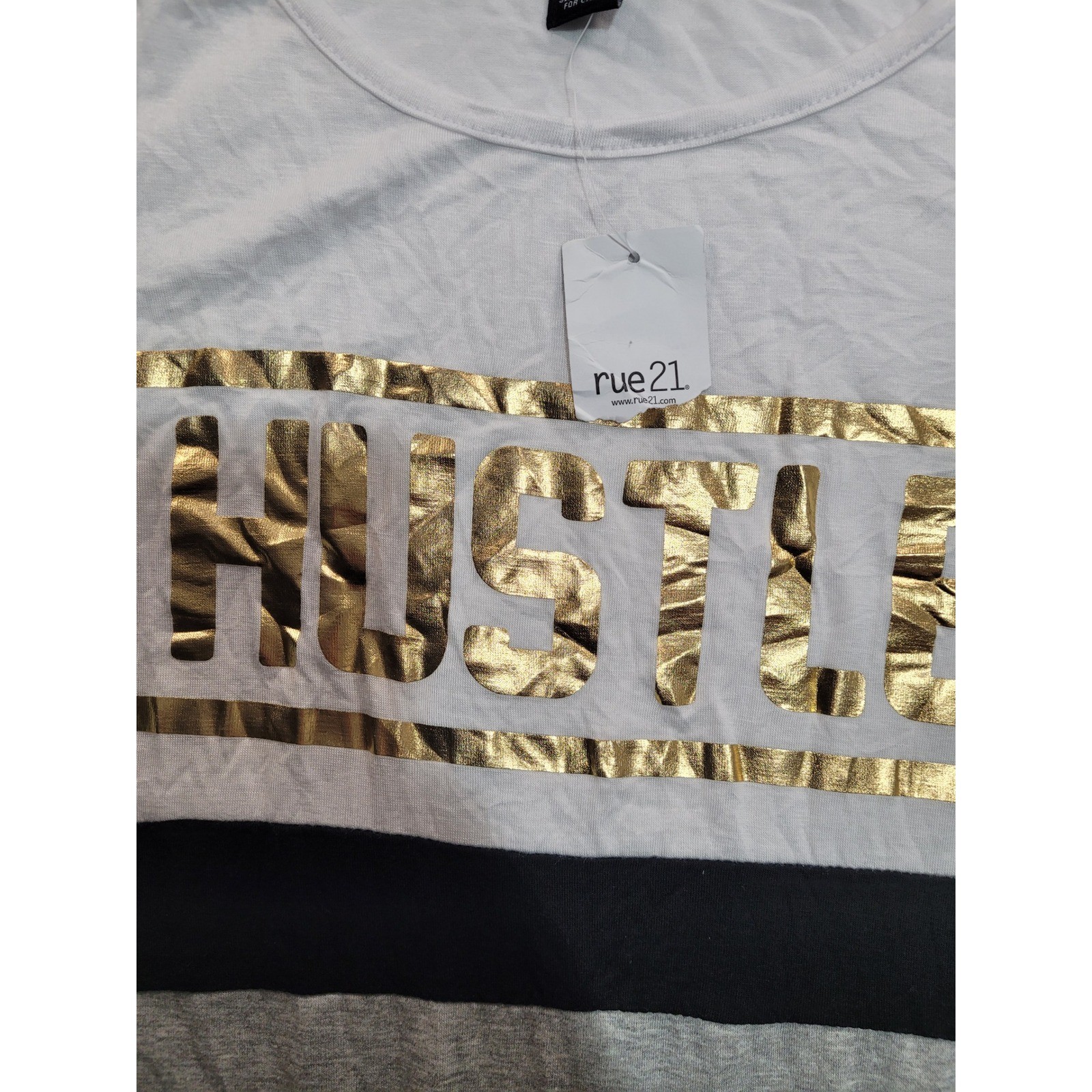 NWT rue21 Hustle Graphic Tank Top Women Medium Gray White Gold Colorblock Scoop