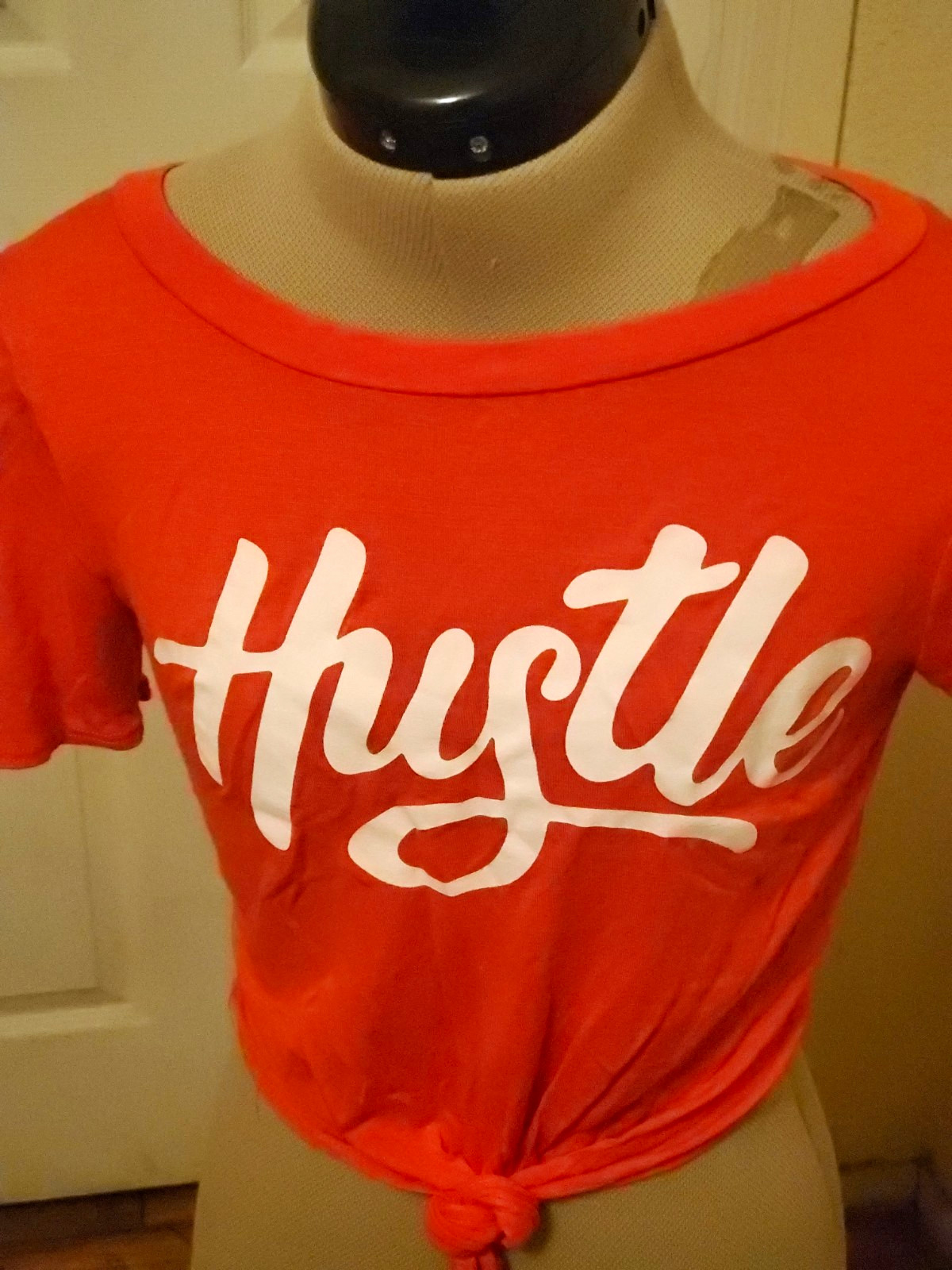Fashion Nova Red/White Hustle Graphic Tie Front Cropped Tee S Stretch Jersey