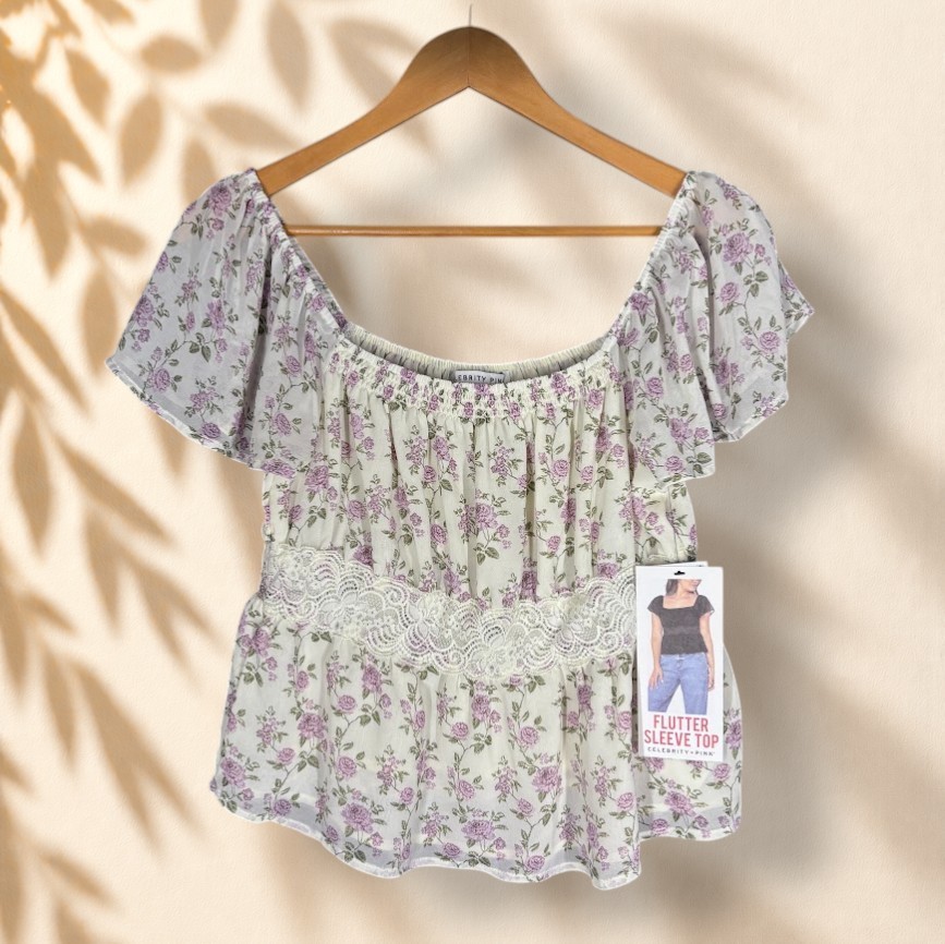 New Celebrity Pink Blouse Women M Medium Gray Foral Flutter Sleeve Casual
