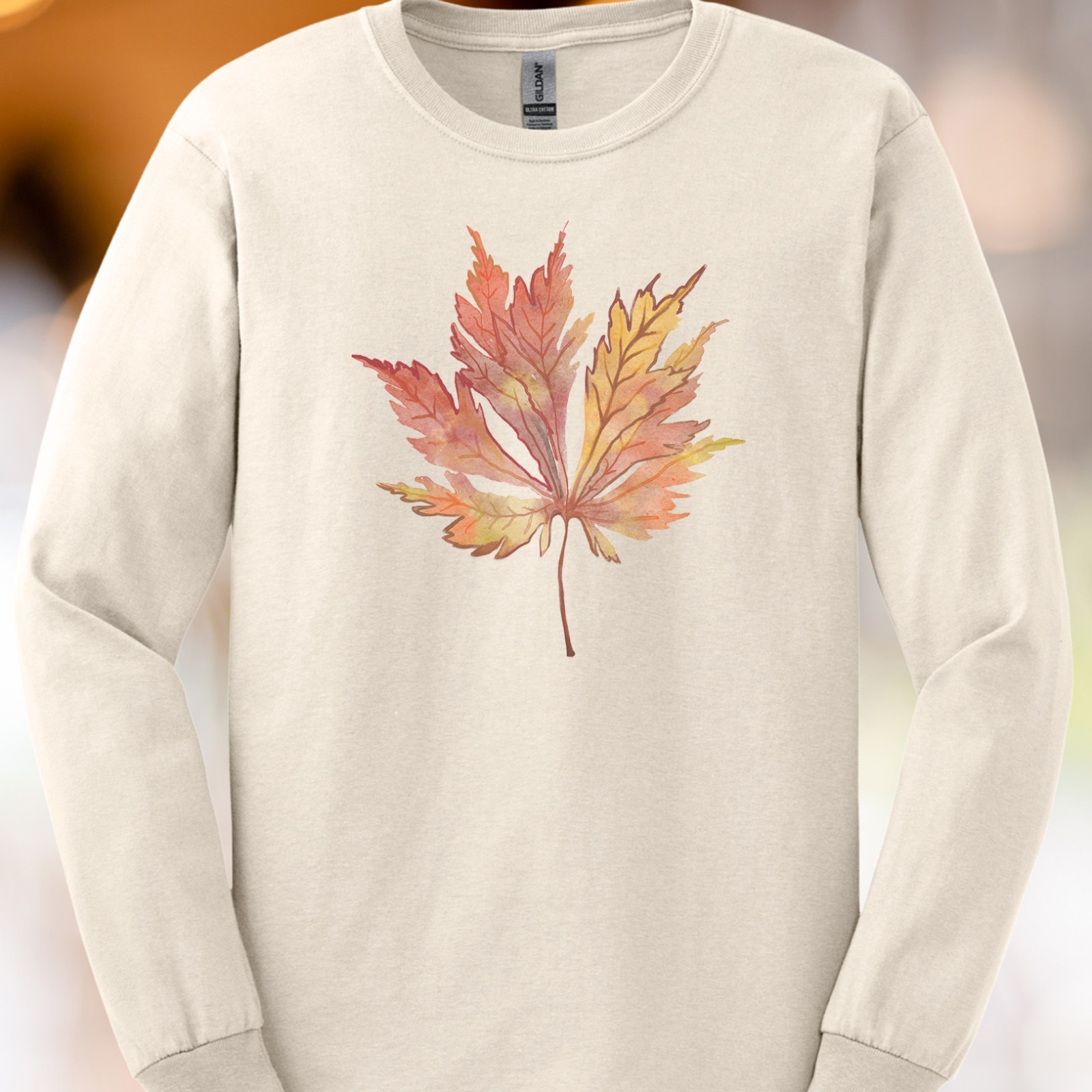 Autumn Maple Leaf Watercolor Long Sleeve Shirt Fall Nature Art Tee