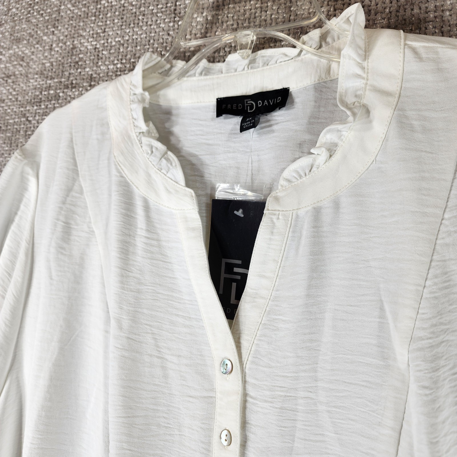 Fred David 1/2 Button Popover Blouse Womens 3X Ivory Peplum Ruffle Collar NWT