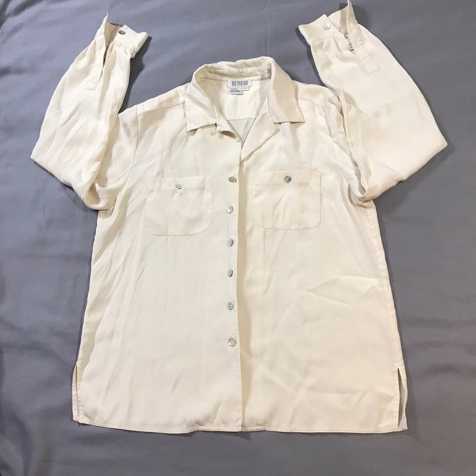 Due Per Due Silk Blouse Womens 8 Creme Top Long Sleeve