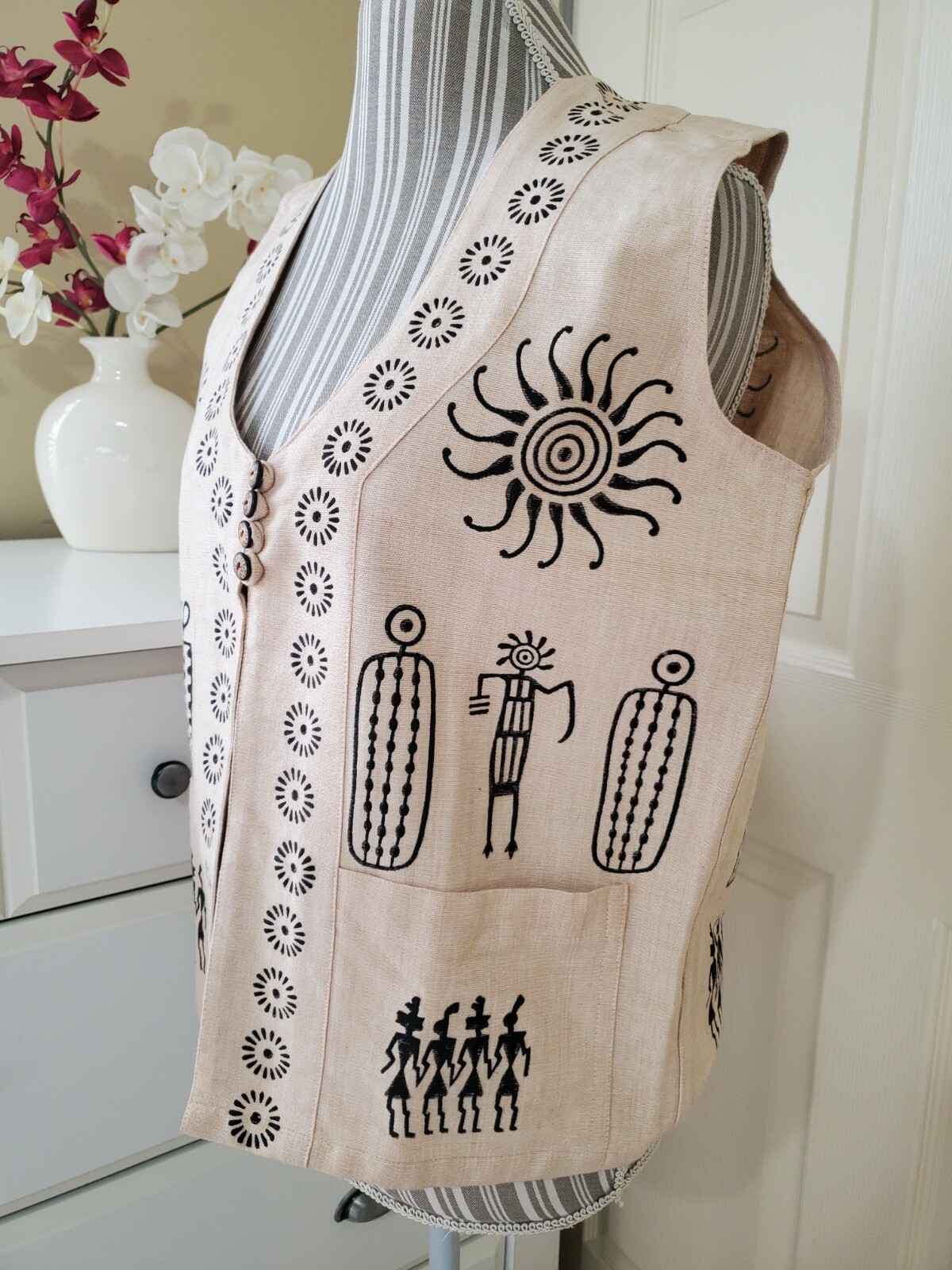 VTG Venus Imports Ivory Raw Cotton Black Primitive Print, Nepal Vest Sz.S