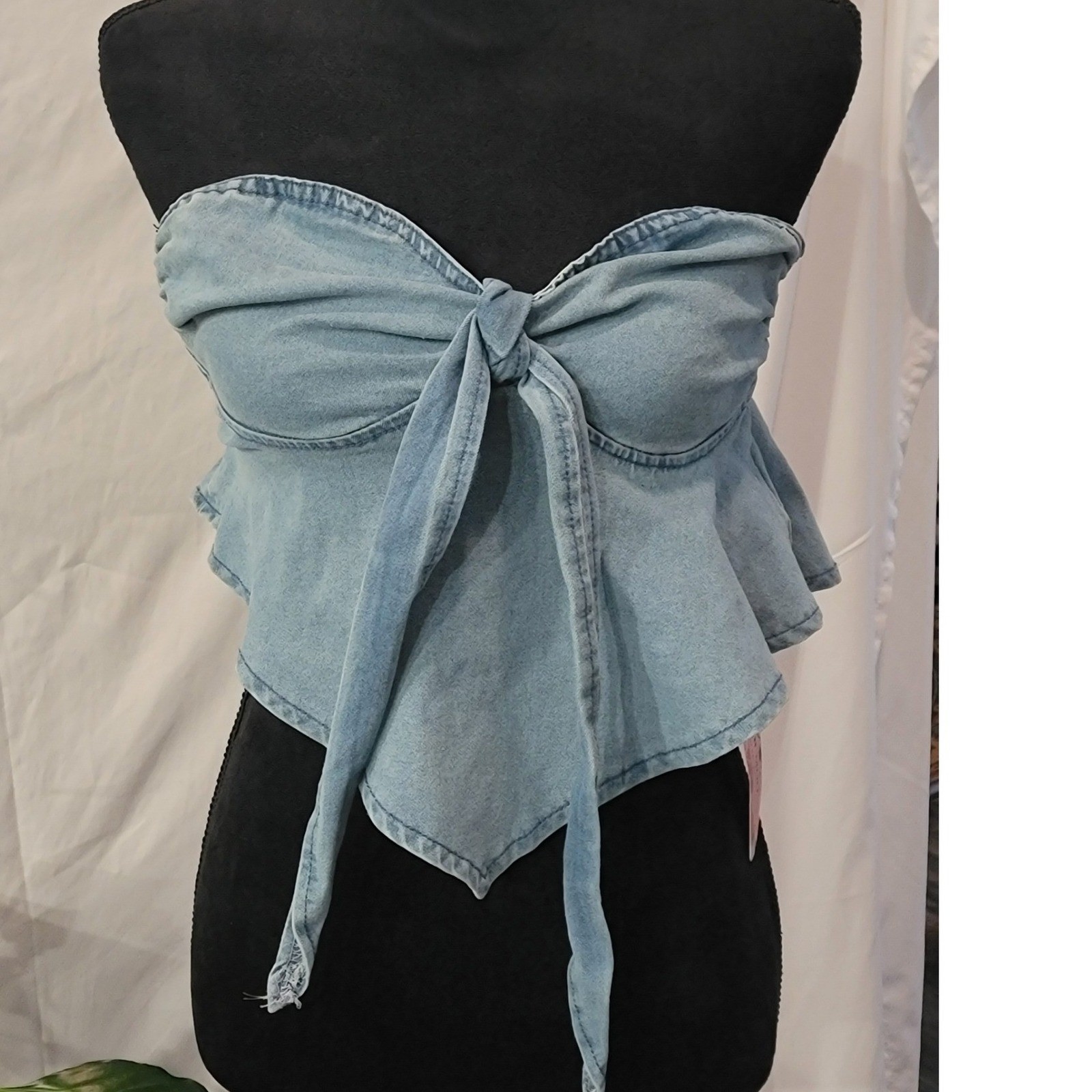 SHEIN MOD Light Wash Denim Tube Top Front Tie Strapless Peplum Crop Top XS US 2