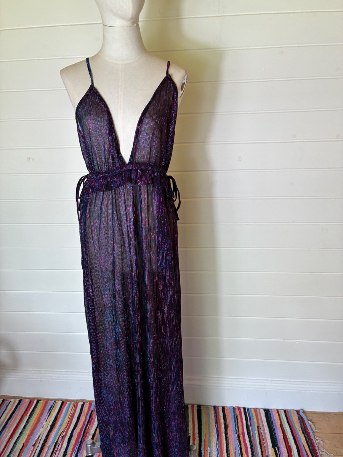 COVER UP BEACH BIKINI RESORT WEAR S APPROX 8 10 12 BLUE PINK SPARKLE LUREX IBIZA