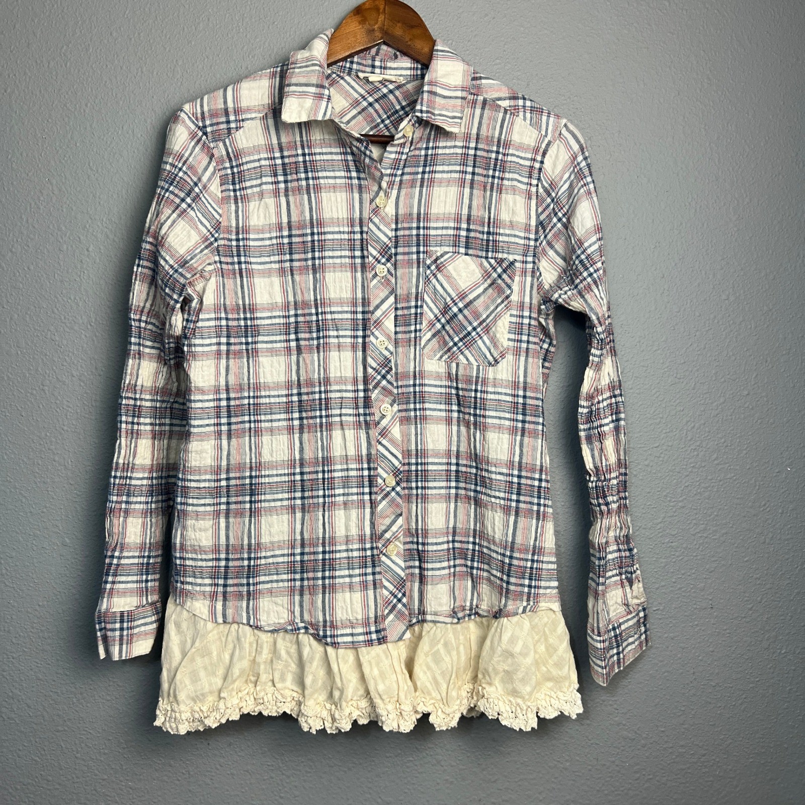 ODDI Plaid Tunic Top Cottagecore Prairie Med Long Sleeve Button Down Lace Hem