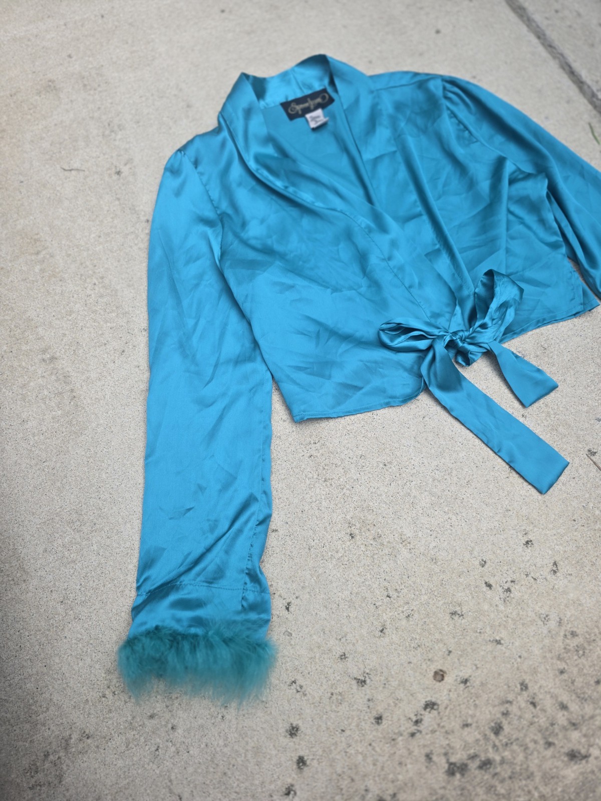 Spoon Jeans Women’s L Mermaid Blue Satin V-Neck Long Sleeve Tie-Font Feather