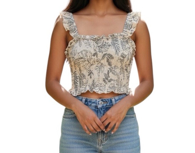Paper Crane S Smocked Floral Leaf Crop Tank Ivory Green NWOT Top