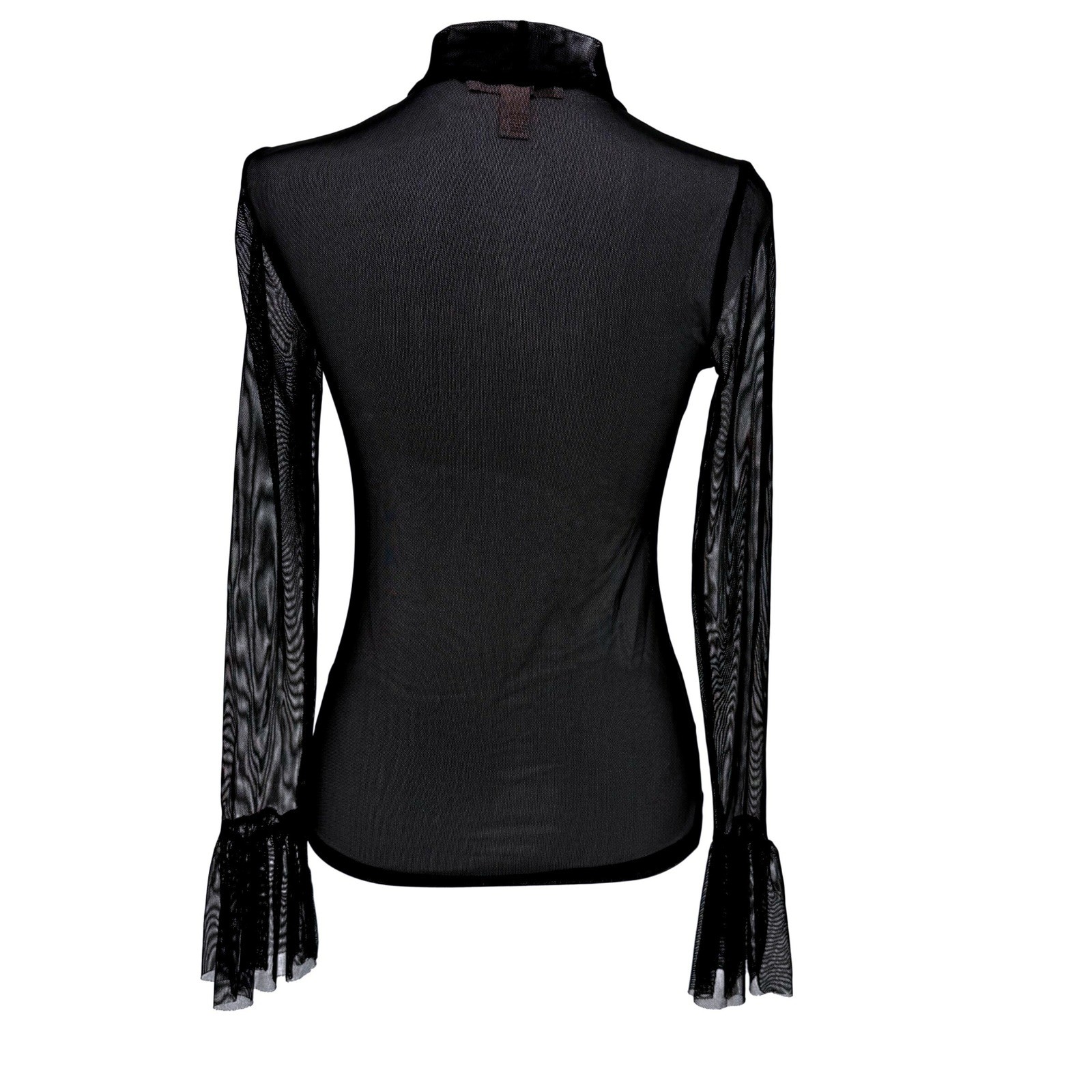 Forever 21 Black Mesh Sheer Mock Neck Flare Sleeve Top Size S Witchy Goth Dark