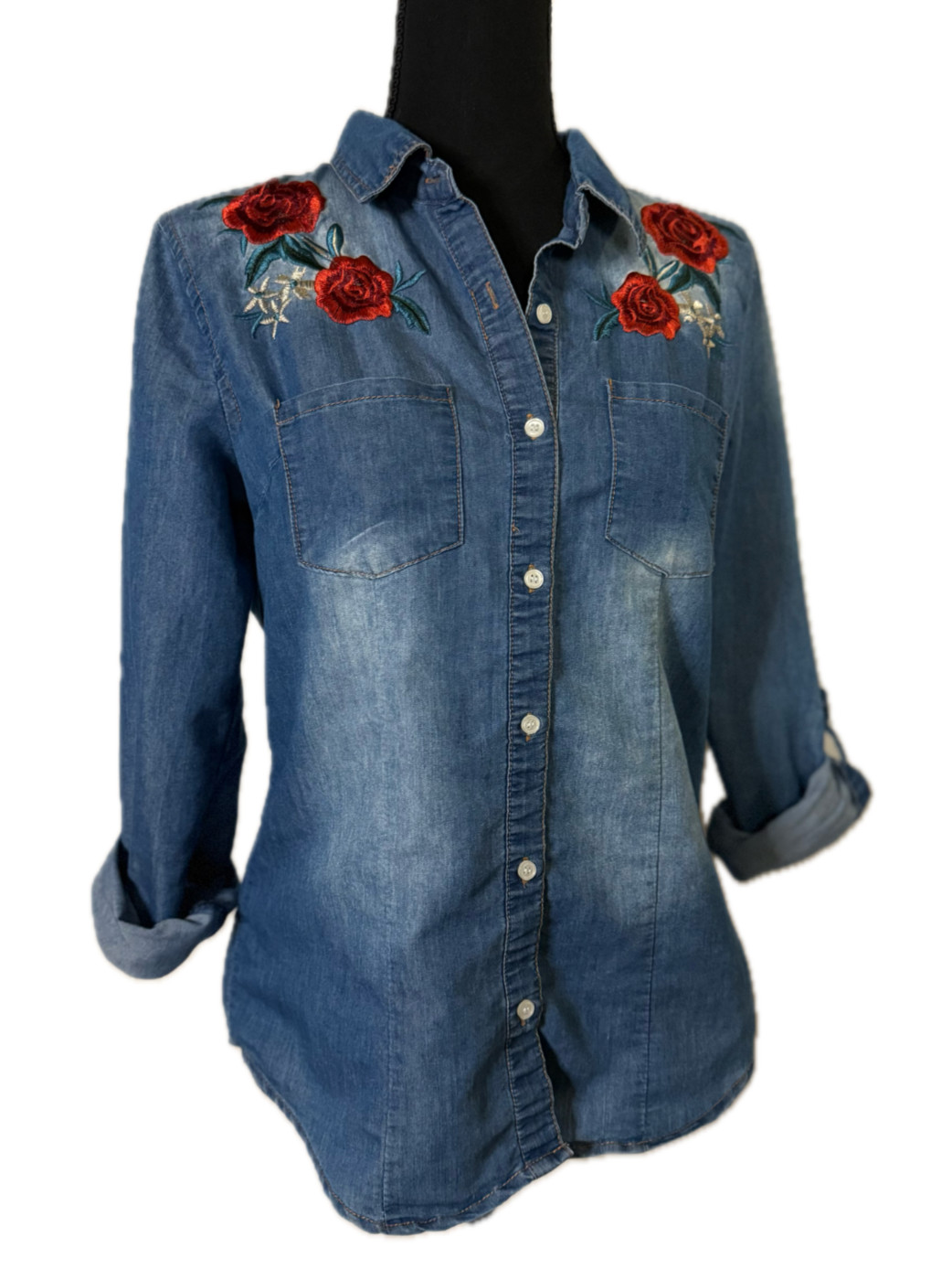 Cavalini Women’s Denim Button Up Rose Embroidery Petite M Dark Wash