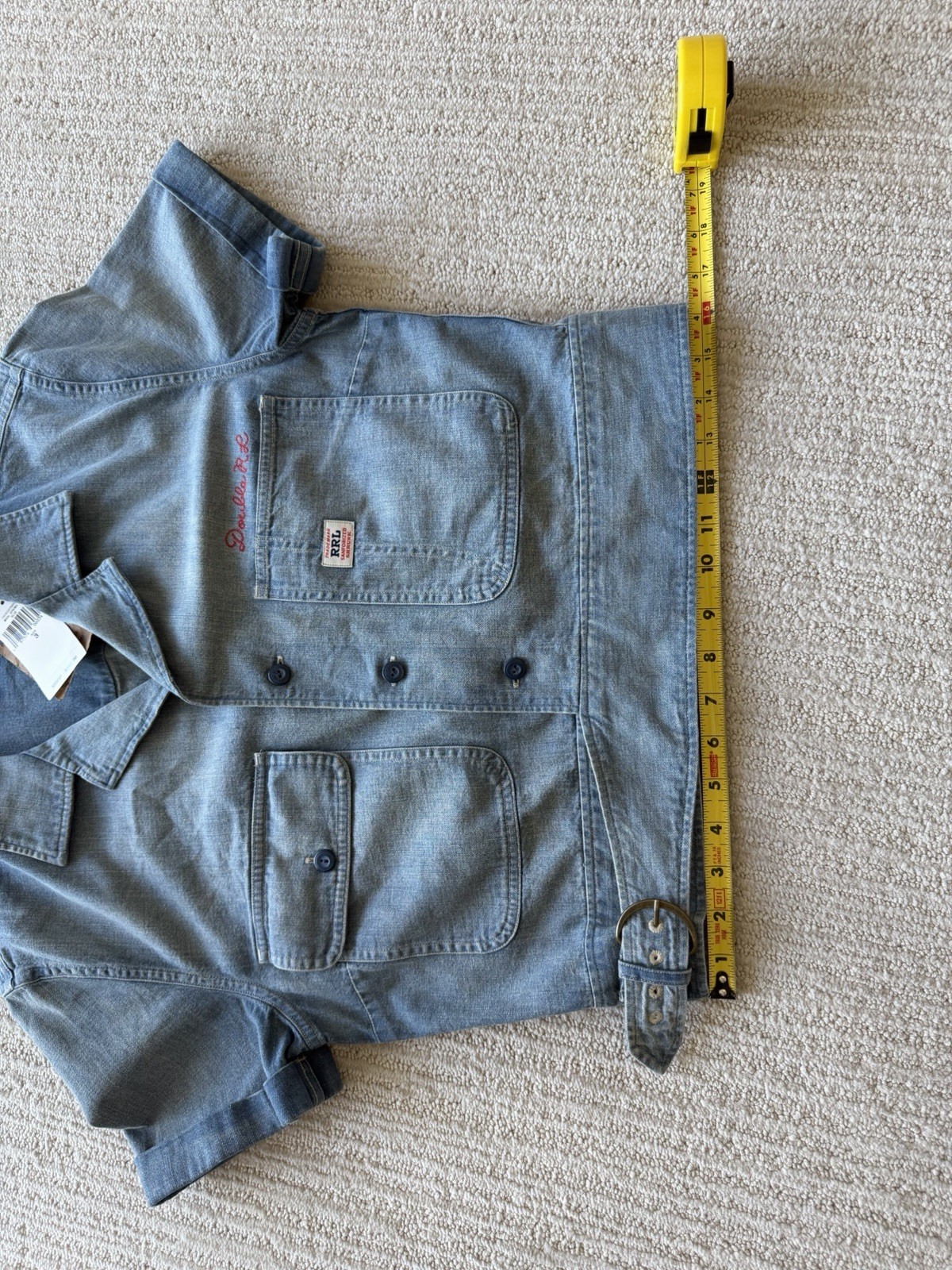 RRL Women’s Blue Denim Short Sleeve Cropped Button-Up Shirt w/ Pockets Size 3