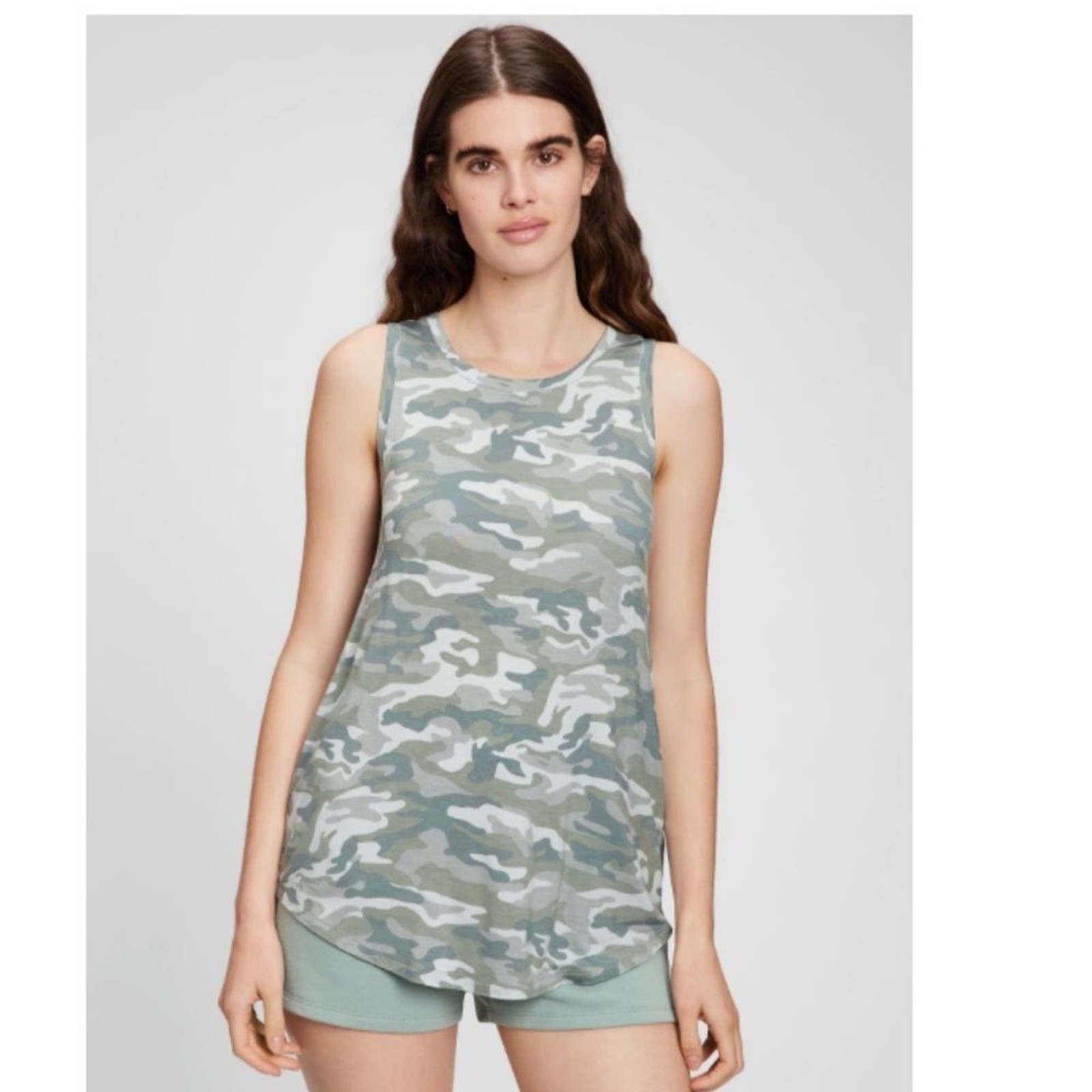 NWT GAP Luxe Print Summer Tank Top Pale Green Camouflage Rayon/Spandex Large