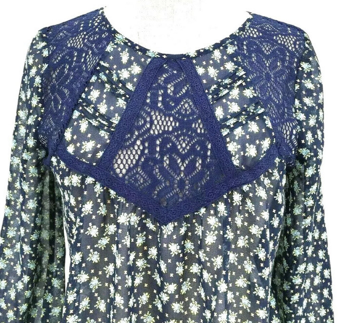 Love Fire Semi-Sheer Boho Lace Floral Blue Women’s 3/4 XS Blouse Extra Small