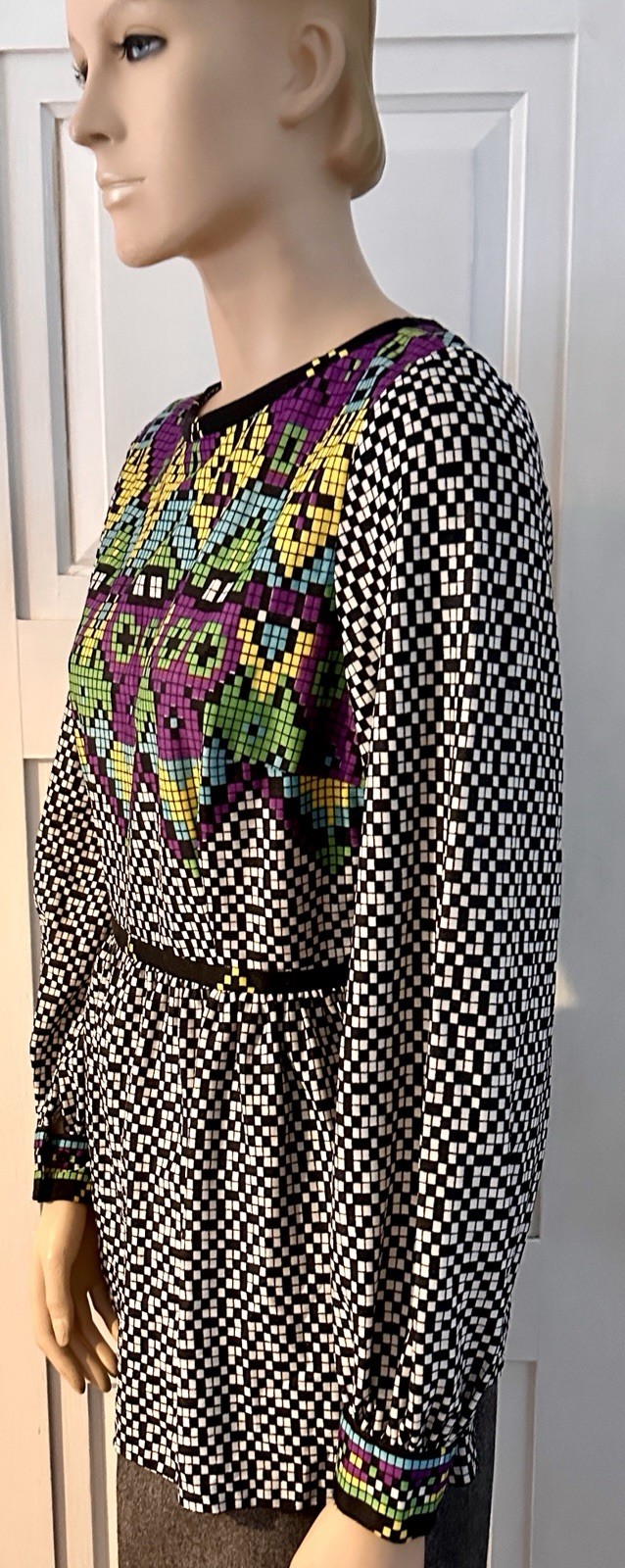 Vintage I.Magnin Graphic Blouse Empire Waist Pixelated B&W Checkerboard Morphew