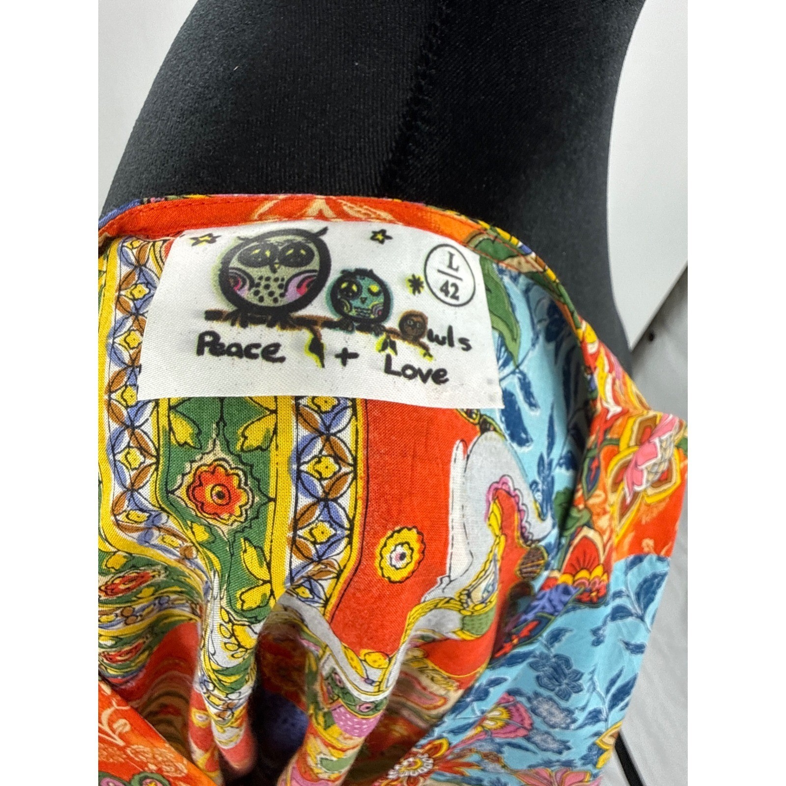 Peace + Love Owls Multi Color Patchwork Floral Elephant Print Viscose Blouse L