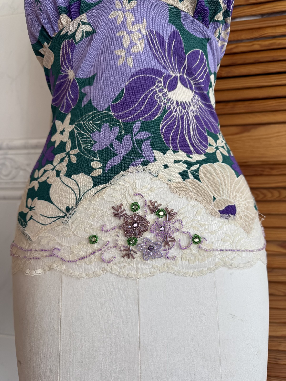 Italian Designer Green & Purple Floral Embellished Cami Top L