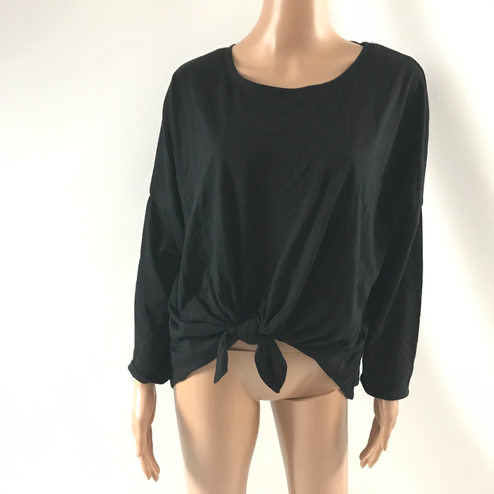 Cotton On Tie Front Blouse Sz S Black LongSleeve Shirt Scoop Neck Solid Top New