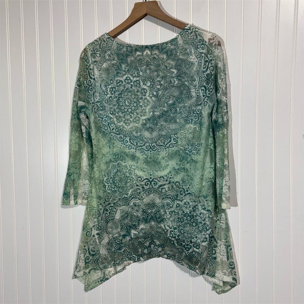 Cal Style Green Mandala Print Mesh Tunic Top Asymmetrical Hem Sheer Boho Small