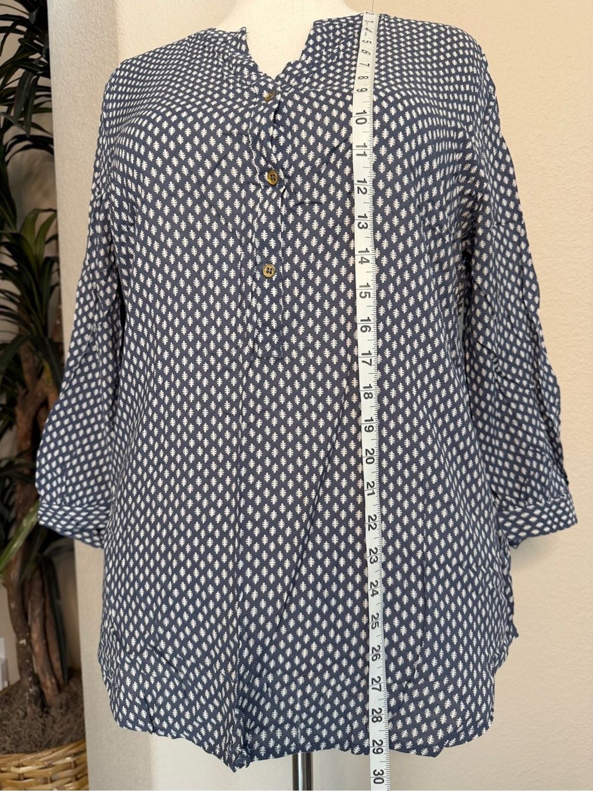 Steel blue tunic with an allover white geometric print