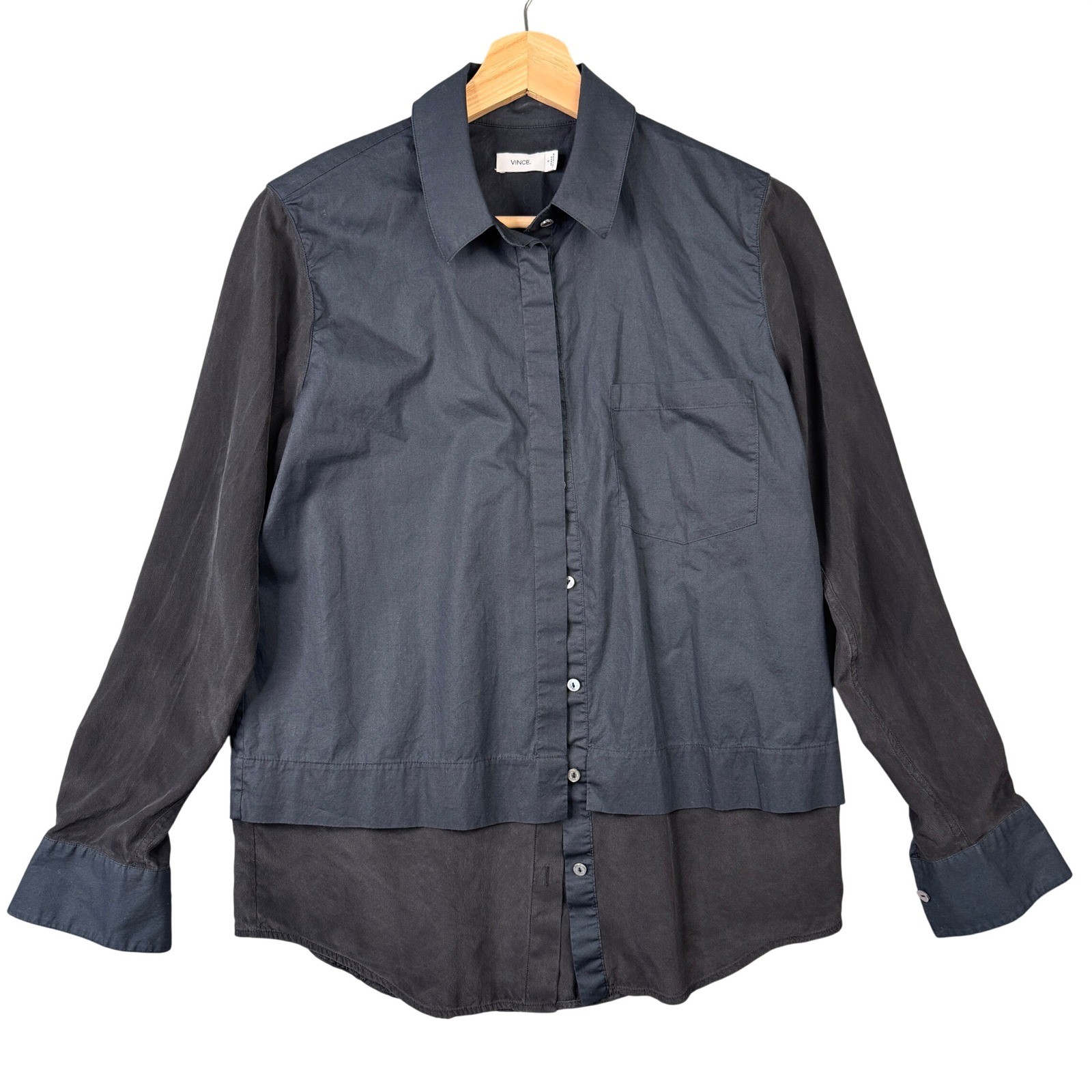 Vince Mixed Media Cotton Silk Button Down Shirt Black Navy Size 4 Long Sleeve
