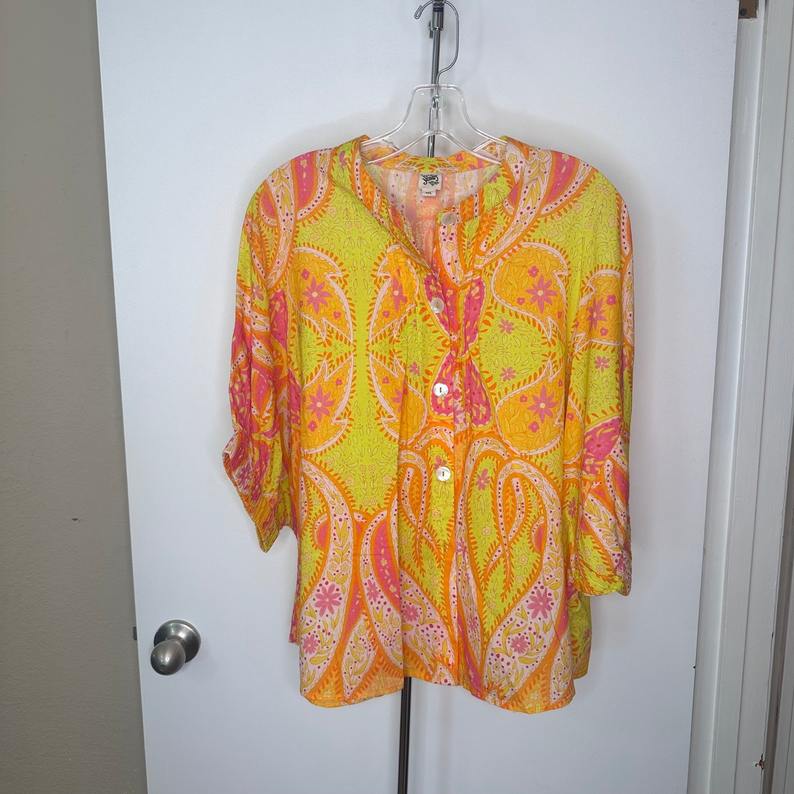 Ivy Jane Womens Paisley Cotton Button Up Blouse Orange Yellow Pink M/L
