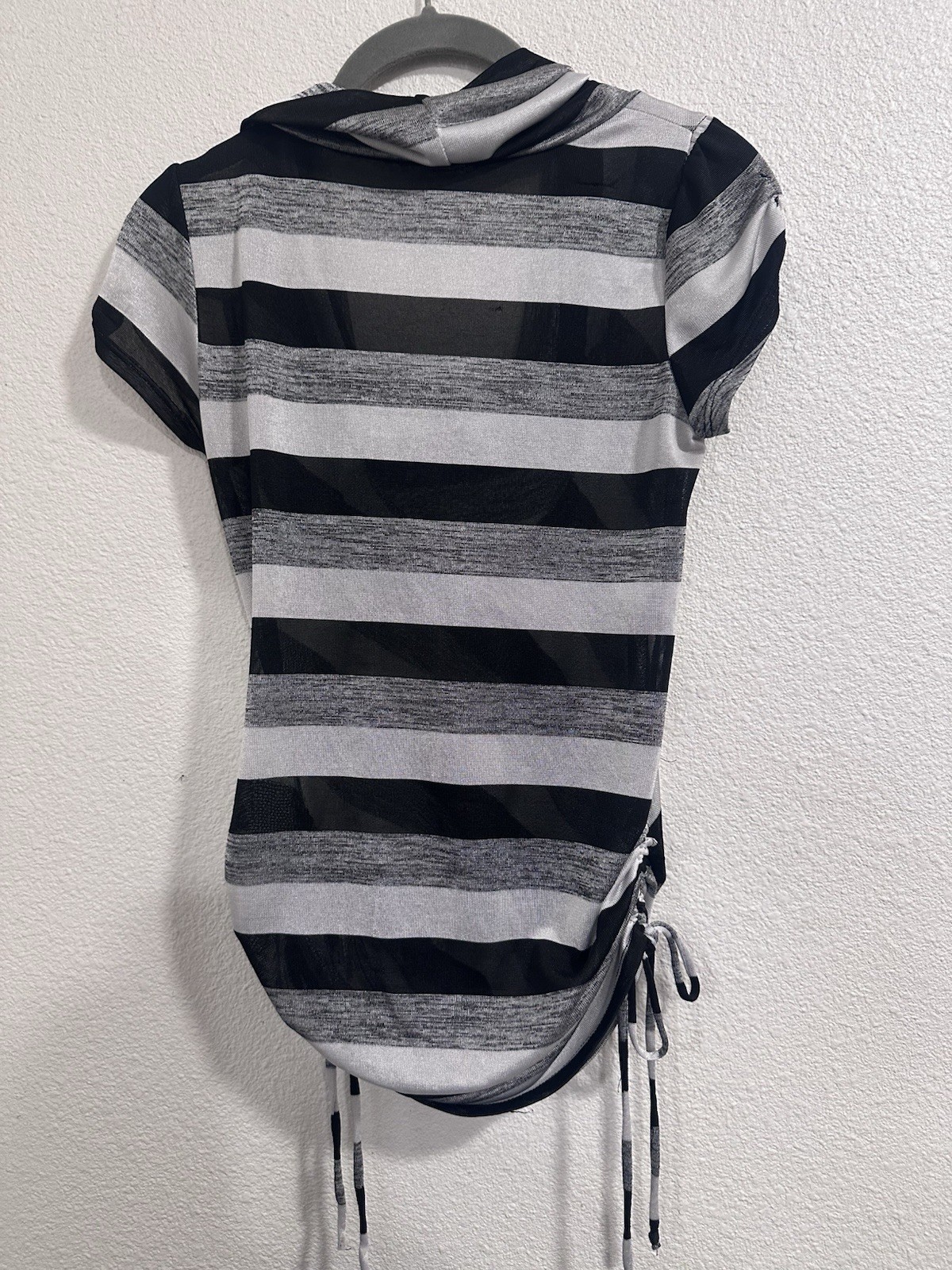 Women’s Black White Gray Striped Knit Cowl Neck Drawstring Top SS M