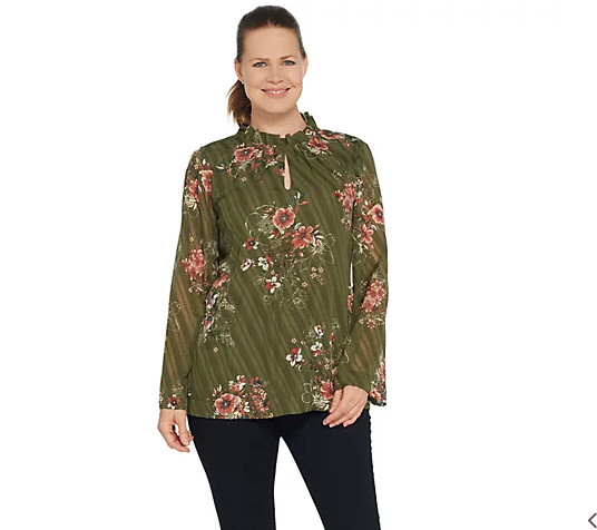 Du Jour Long Sleeve Floral Printed Clip Dot Woven Top Olive Medium A347549