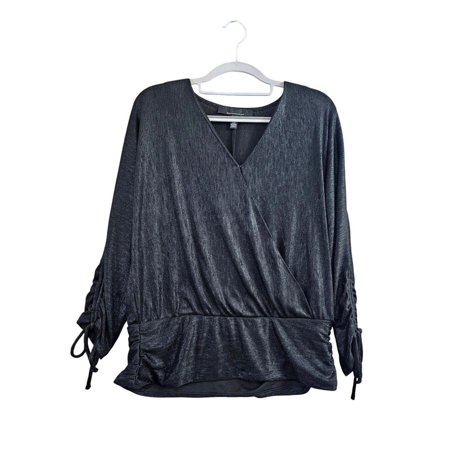 White House Black Market Blouse Womens Medium Black Solid Metallic Surplice Top