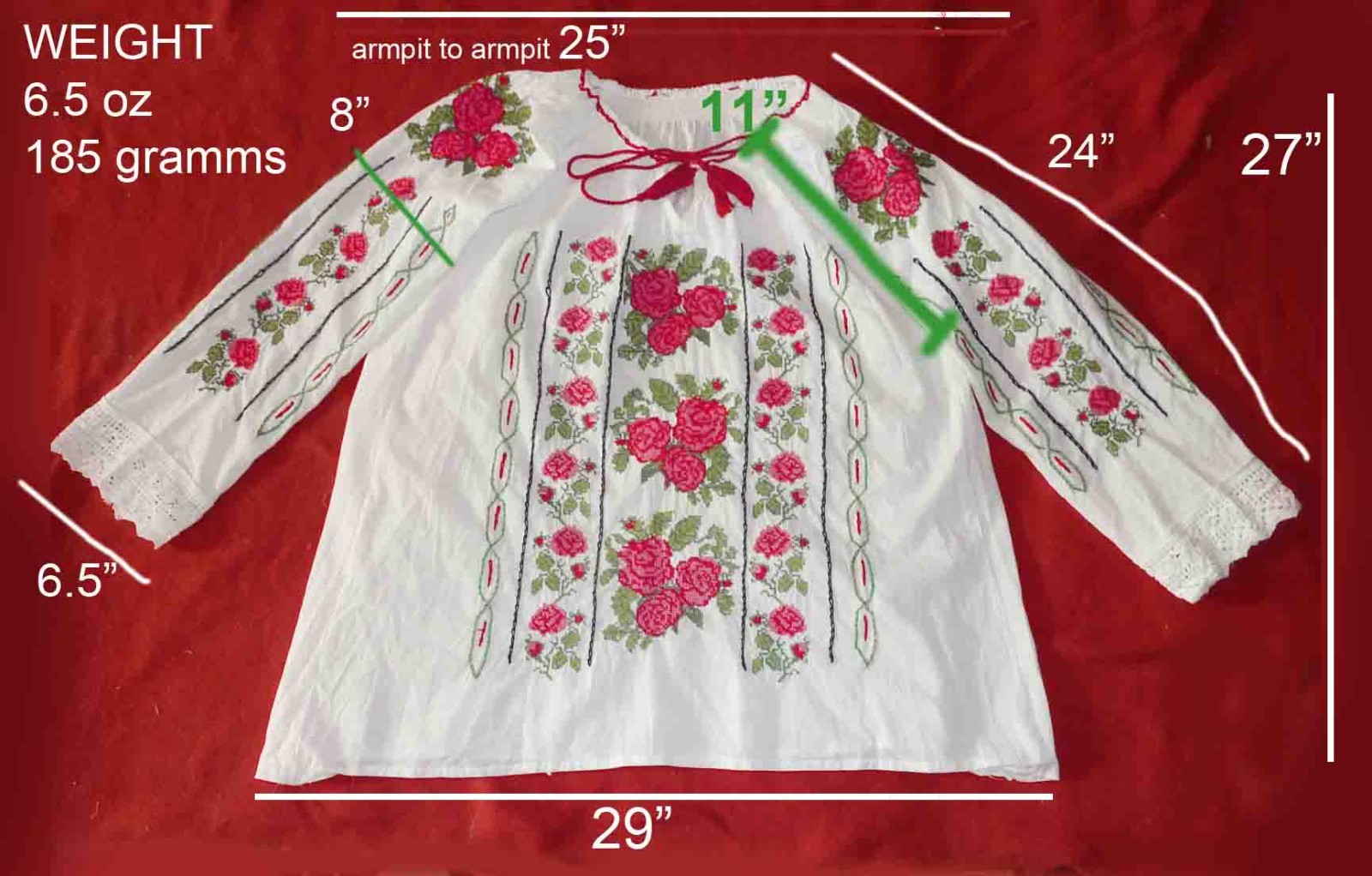 Romanian Embroidered Folk Peasant Ethnic Boho Blouse 54″ around L=27″ + 2 apron