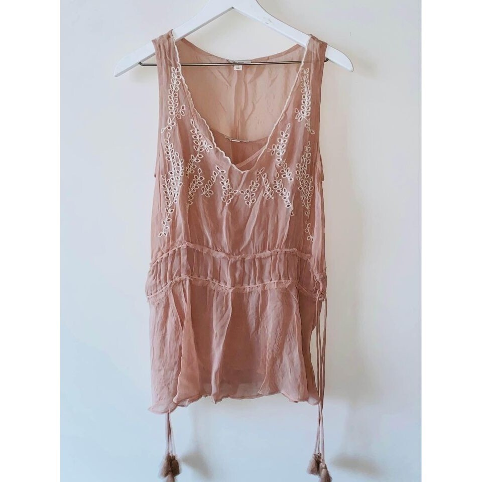 FP3 Anthropologie Ella Moss Blouse shift top tank small womens tassel boho tunic