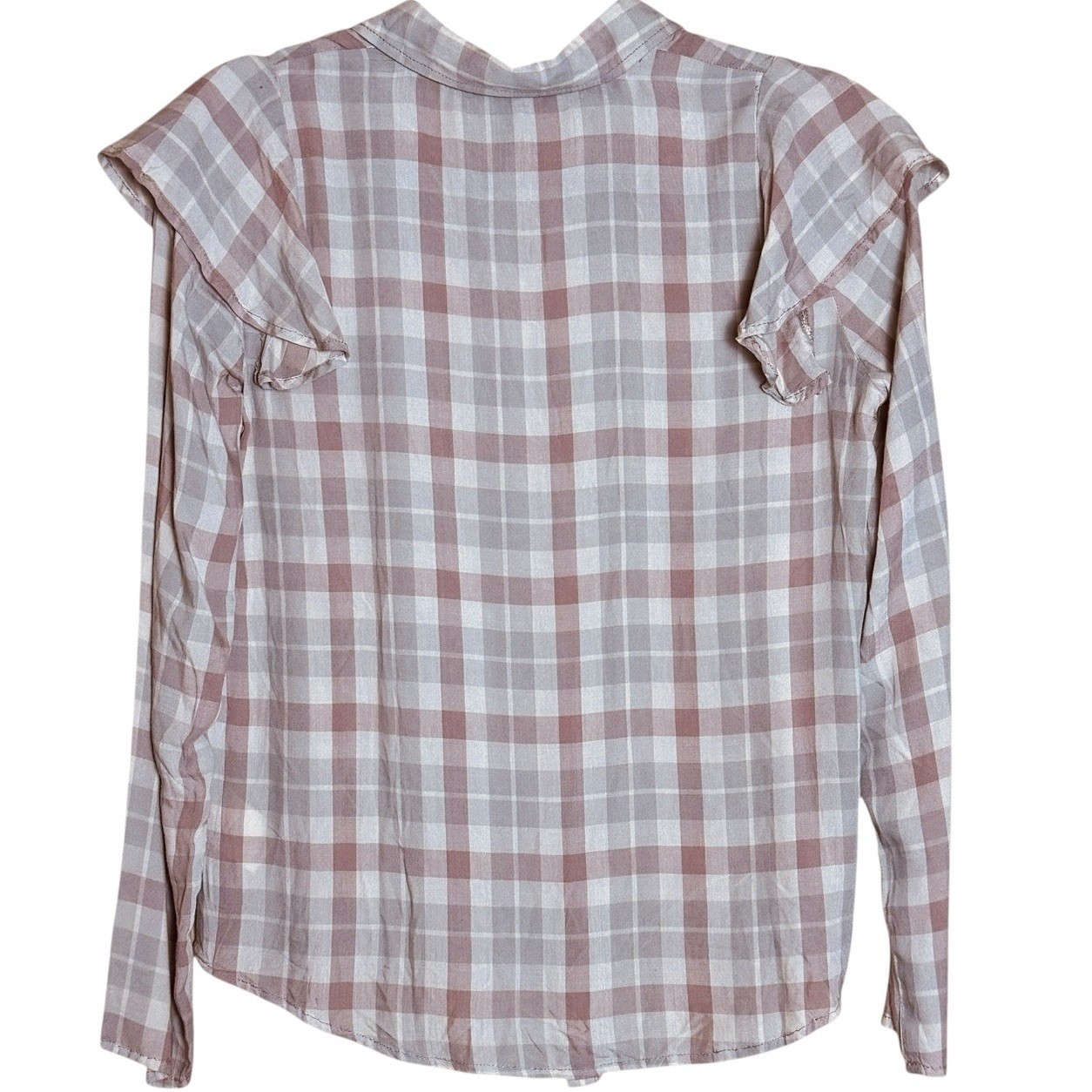 Express Ruffle Plaid Top Sz S Button Down Tie Hem Pink Gray Twee Coquette Girl