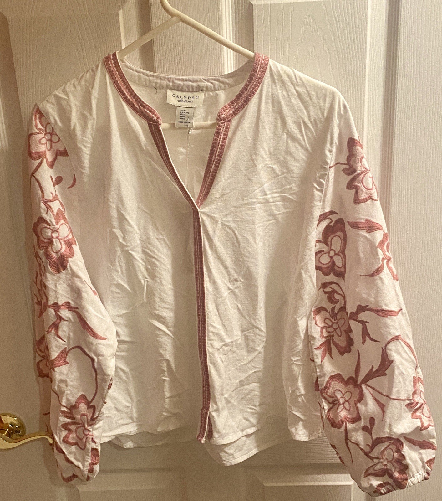 Woman’s XL Calypso St. Barth White Cotton Button Down Crop Top Embroidery Boho
