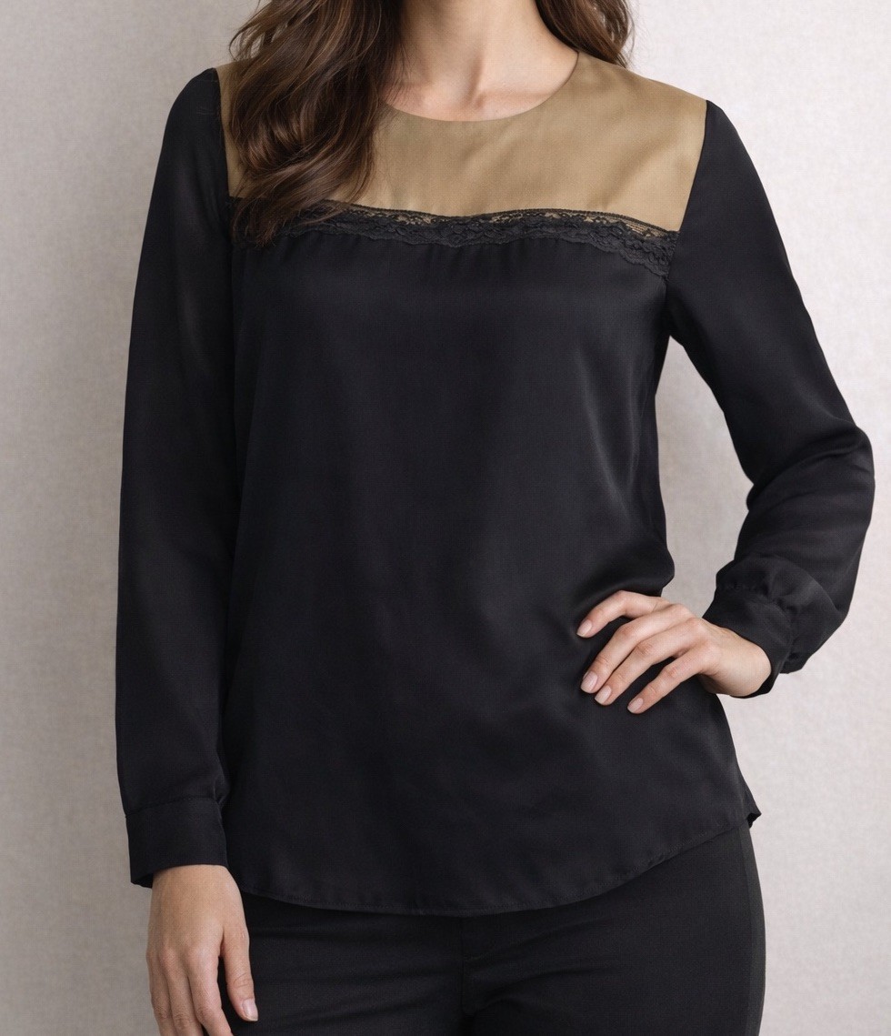 Nonoo New York 100% Silk Lace Trim Blouse Black Olive Tan Size 10 Made in USA