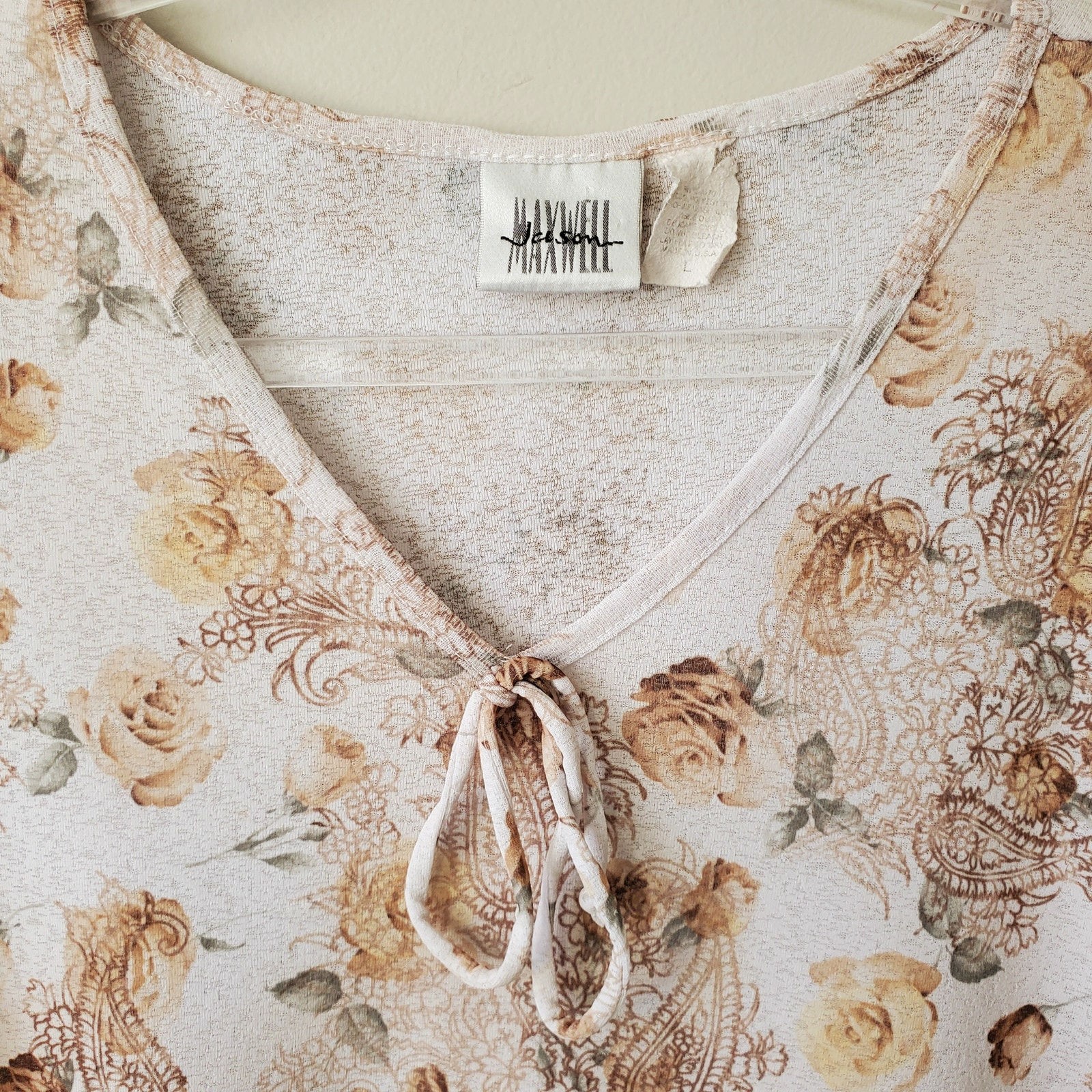 90s Y2K Women Beige Floral Lettuce Hem Stretchy Top L Boho Fairy Goblincore USA
