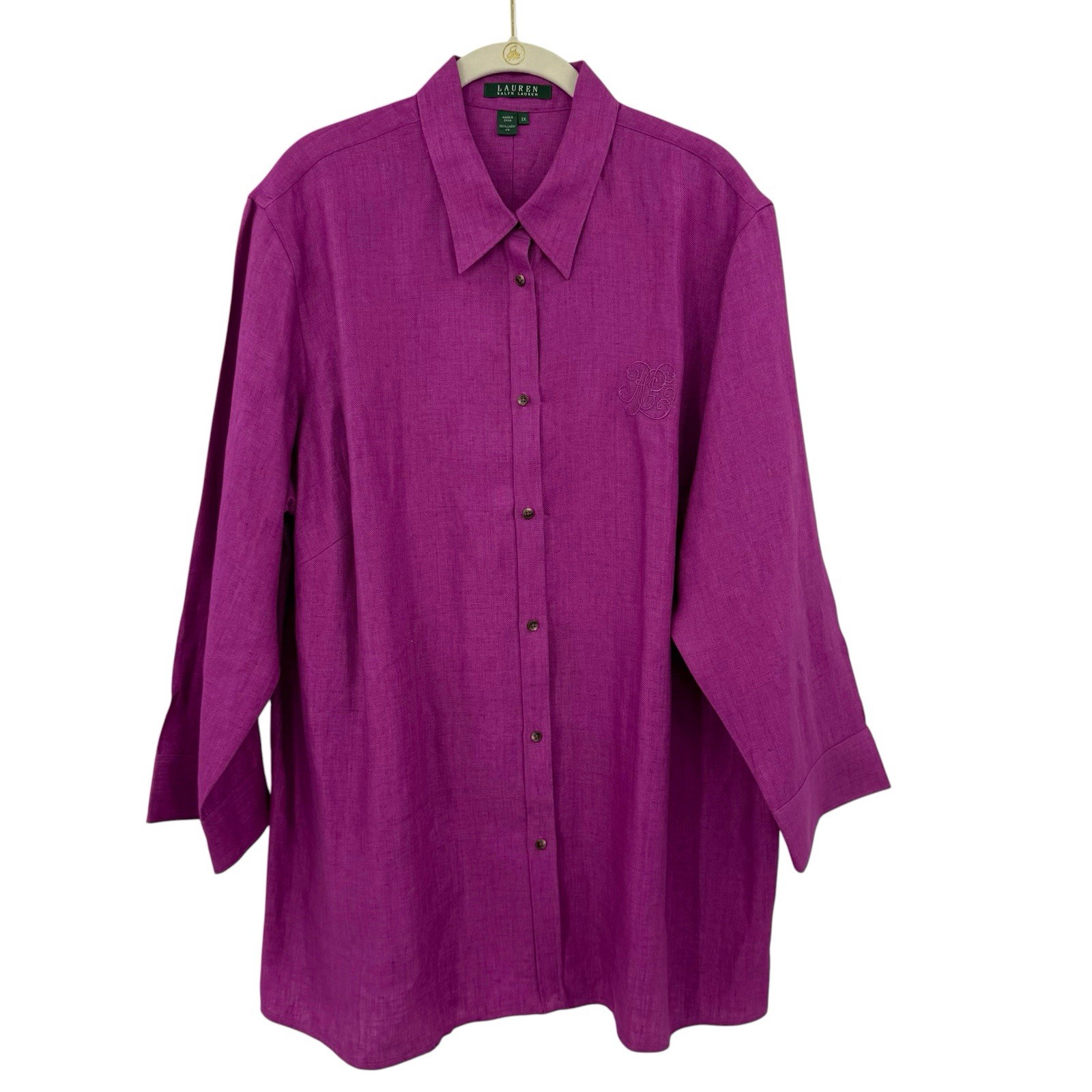 Ralph Lauren Purple Linen Top 2X Button Front 3/4 Sleeves Lagenlook Logo Blouse