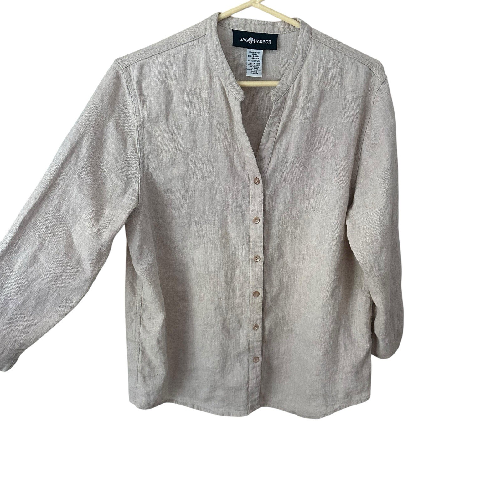 VTG Sag Harbor Linen Tunic Top Sz L Beige Natural Minimal Button Down Classic