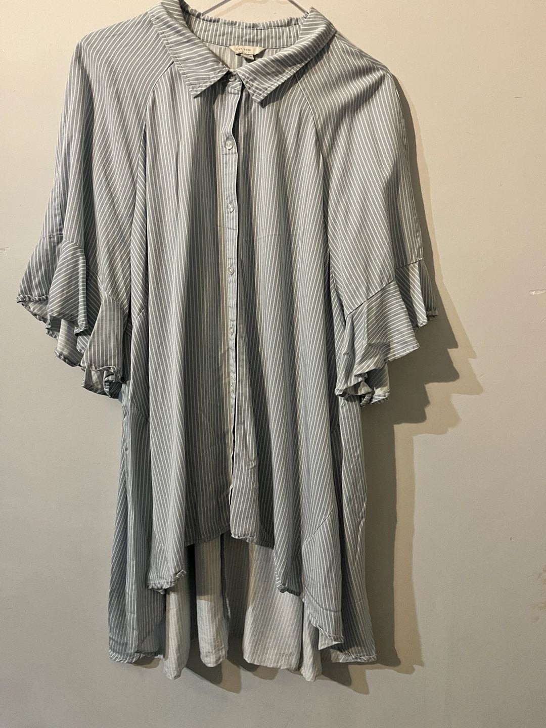 Striped Button-Up High-Low Tunic with Ruffle Sleeves 009-169