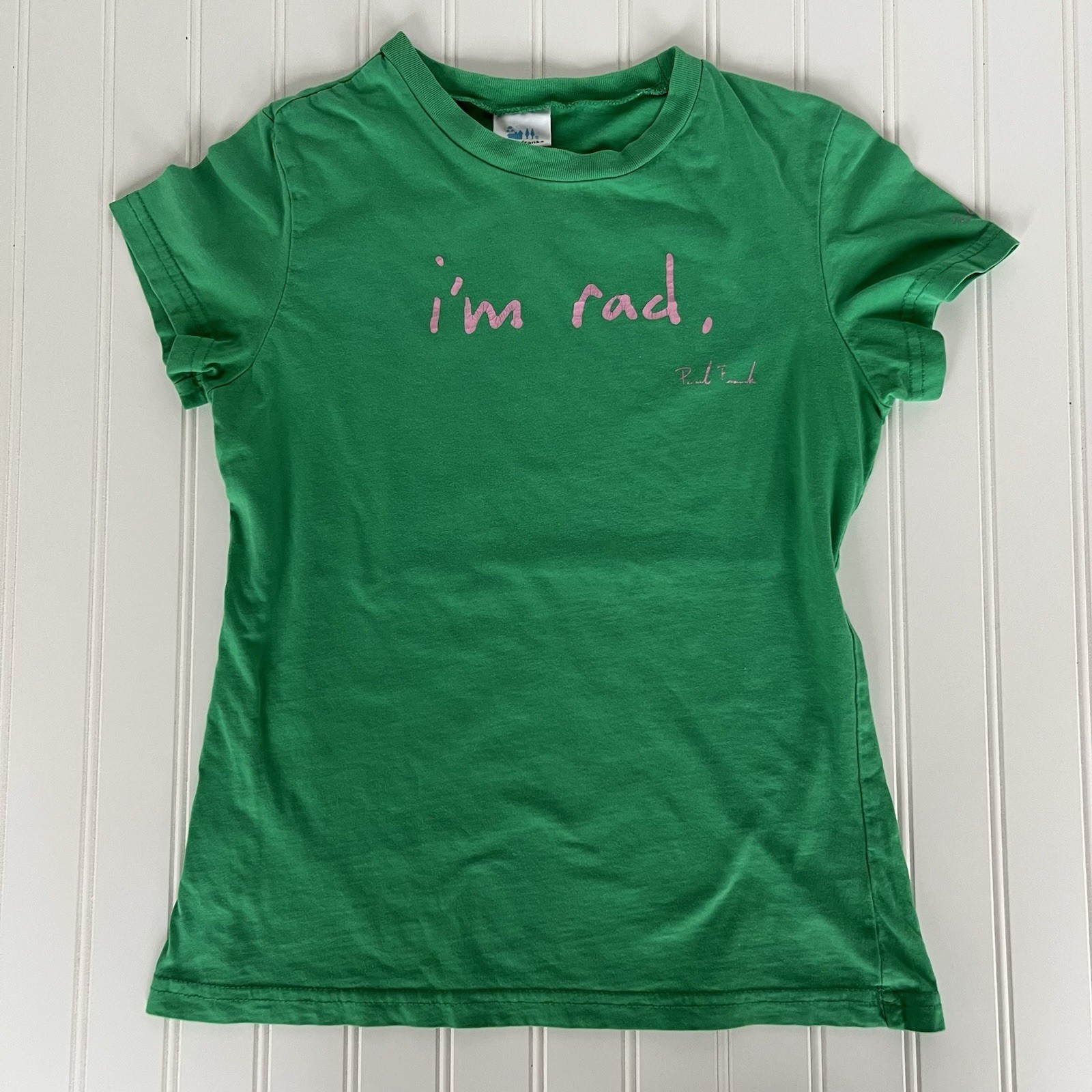 Y2K Paul Frank Baby Tee Women’s T Shirt Green Top “I’m Rad You’re Rad Let’s Hug”