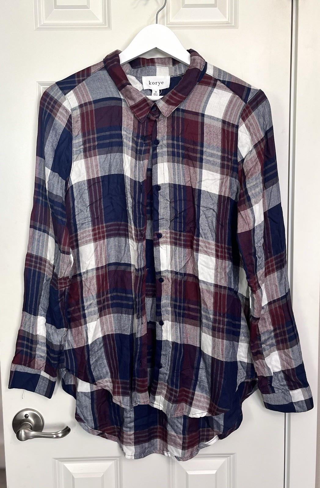 korye Women’s Burgundy Plaid Woven Cotton Collared Button-Up Long Sleeve M